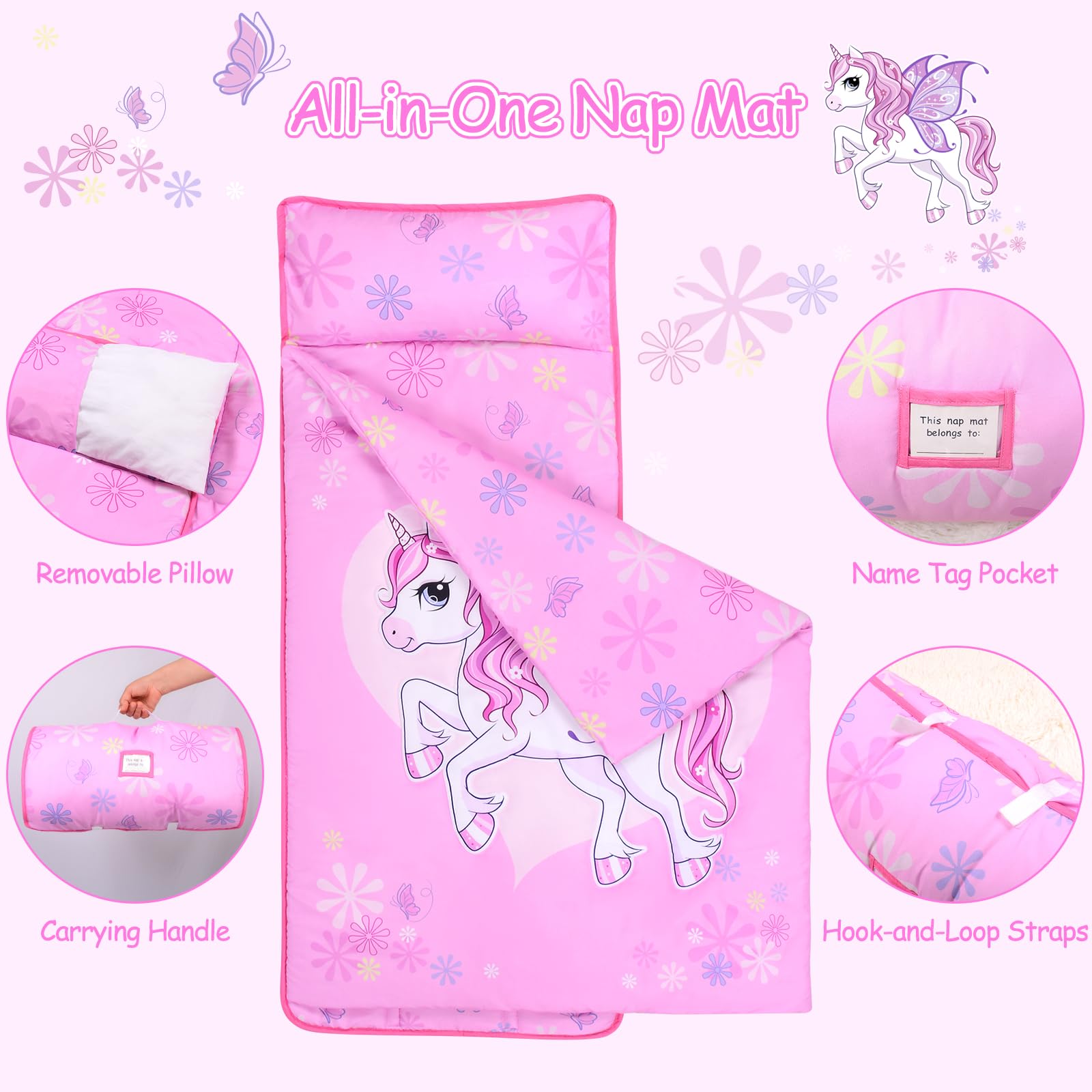 GOPHRALOVE Unicorns Nap Mat rolls up with a handy roll-and-go handle.