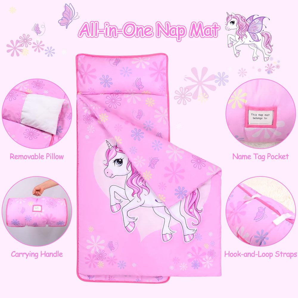 GOPHRALOVE Unicorns Nap Mat rolls up with a handy roll-and-go handle.