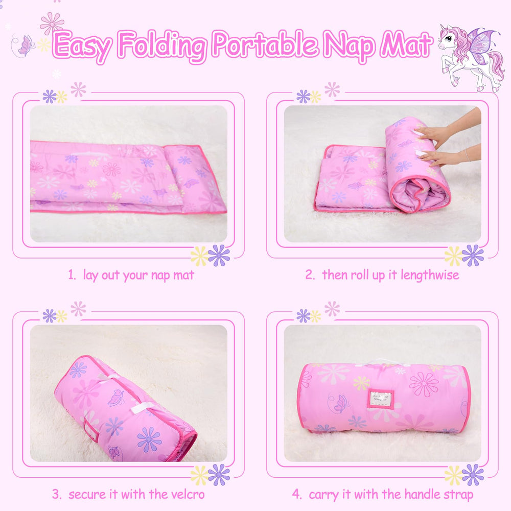 GOPHRALOVE Unicorns Nap Mat has a waterproof back and ID pocket protect belongings.