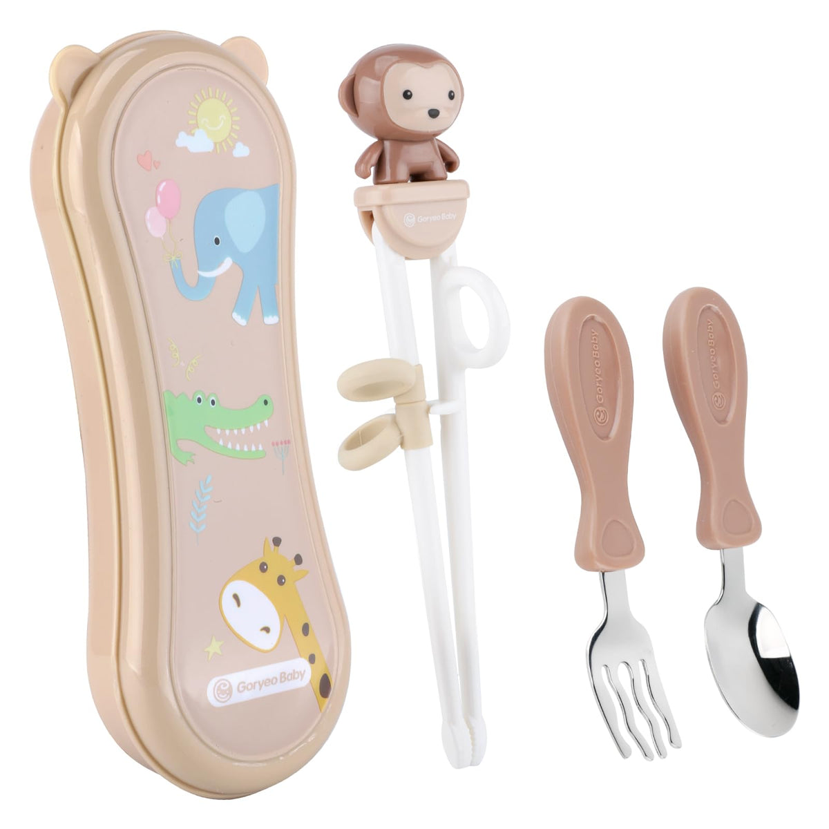 Goryeo Baby toddler utensils set closeup, showing spoon and fork for self-feeding.