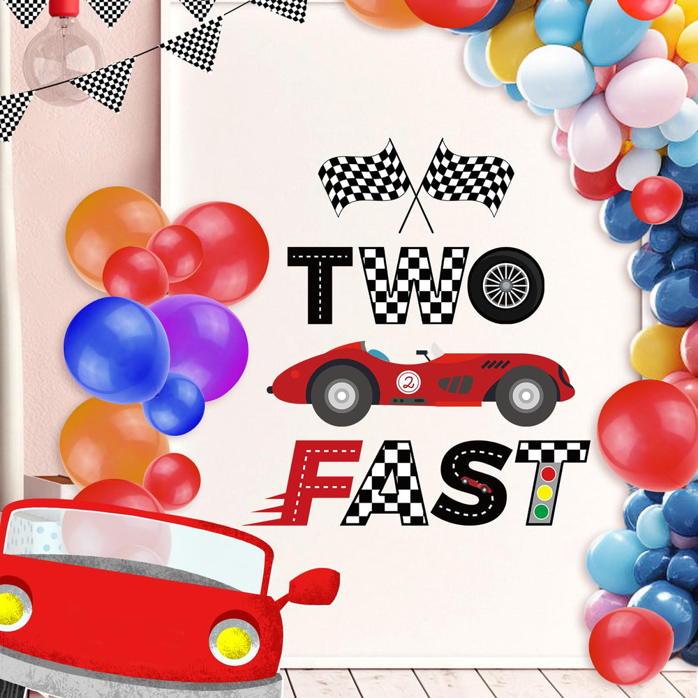 Gosknor racing car graphic brings bold visual interest to the party setup.