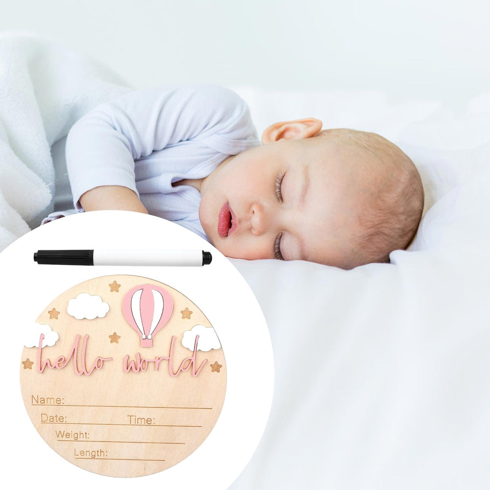 Gosknor wooden-baby-announcement-sign-package-included shows sign and pen for easy personalization.