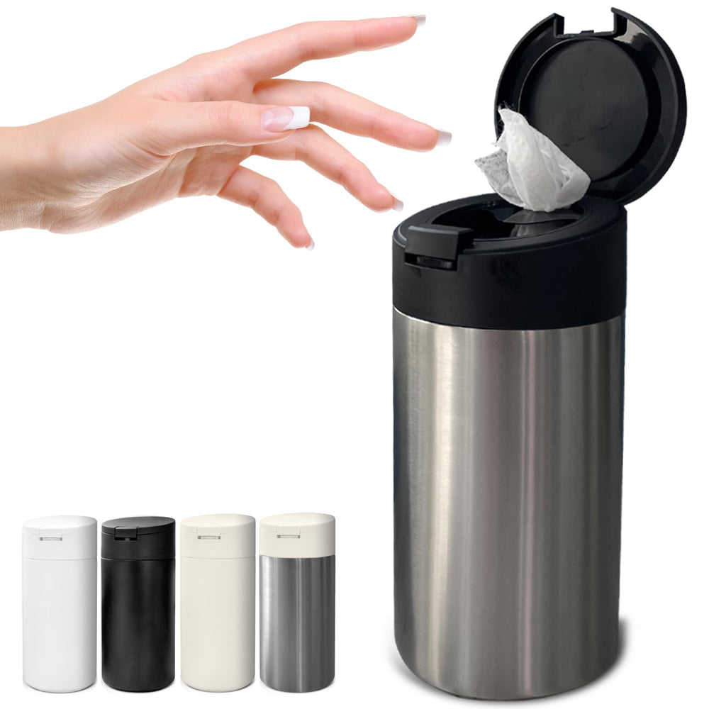 Gosnold extra-large wipes dispenser with black lid, front view for stylish, space-saving storage.