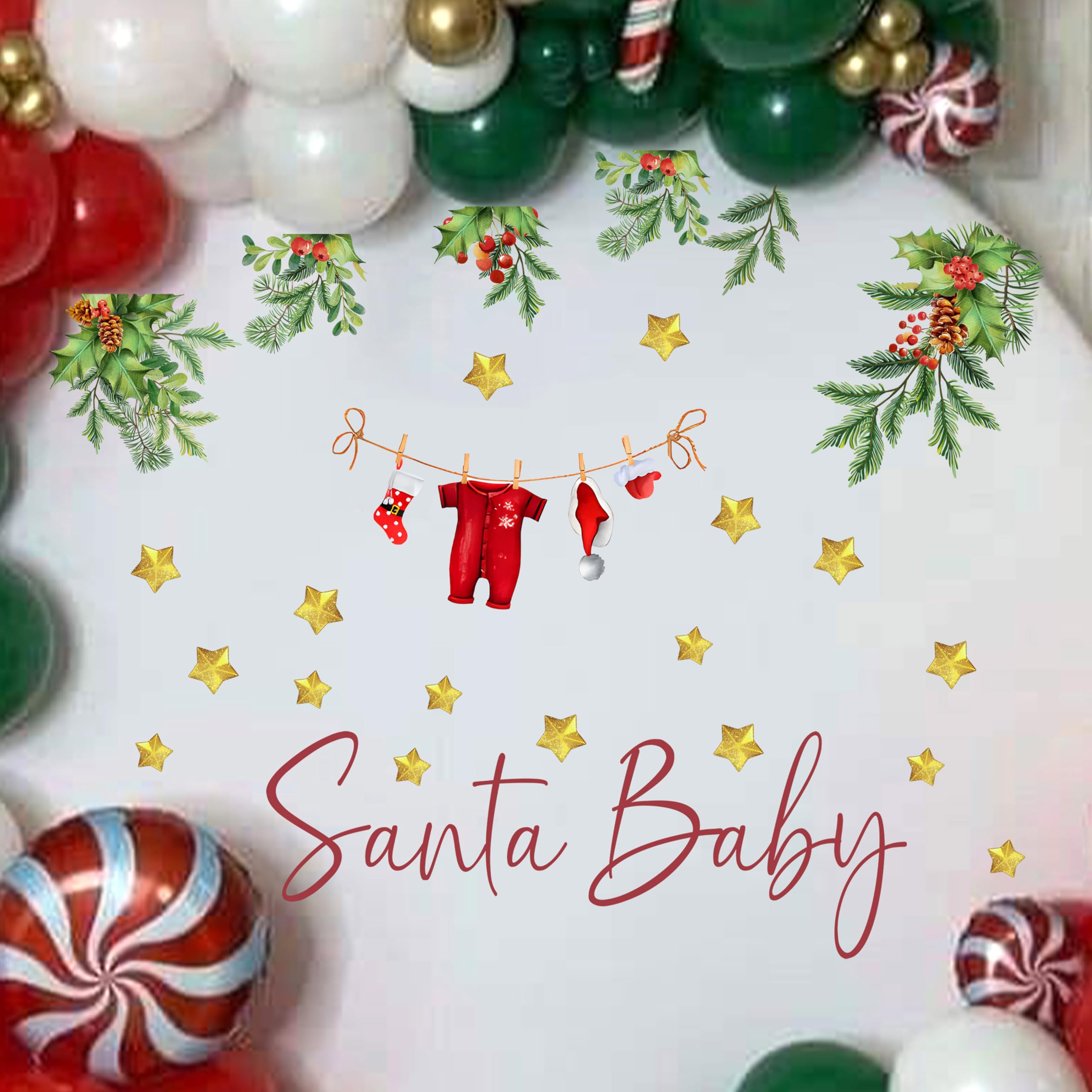 Gostman Santa Baby decal creates a festive baby shower background for photos.