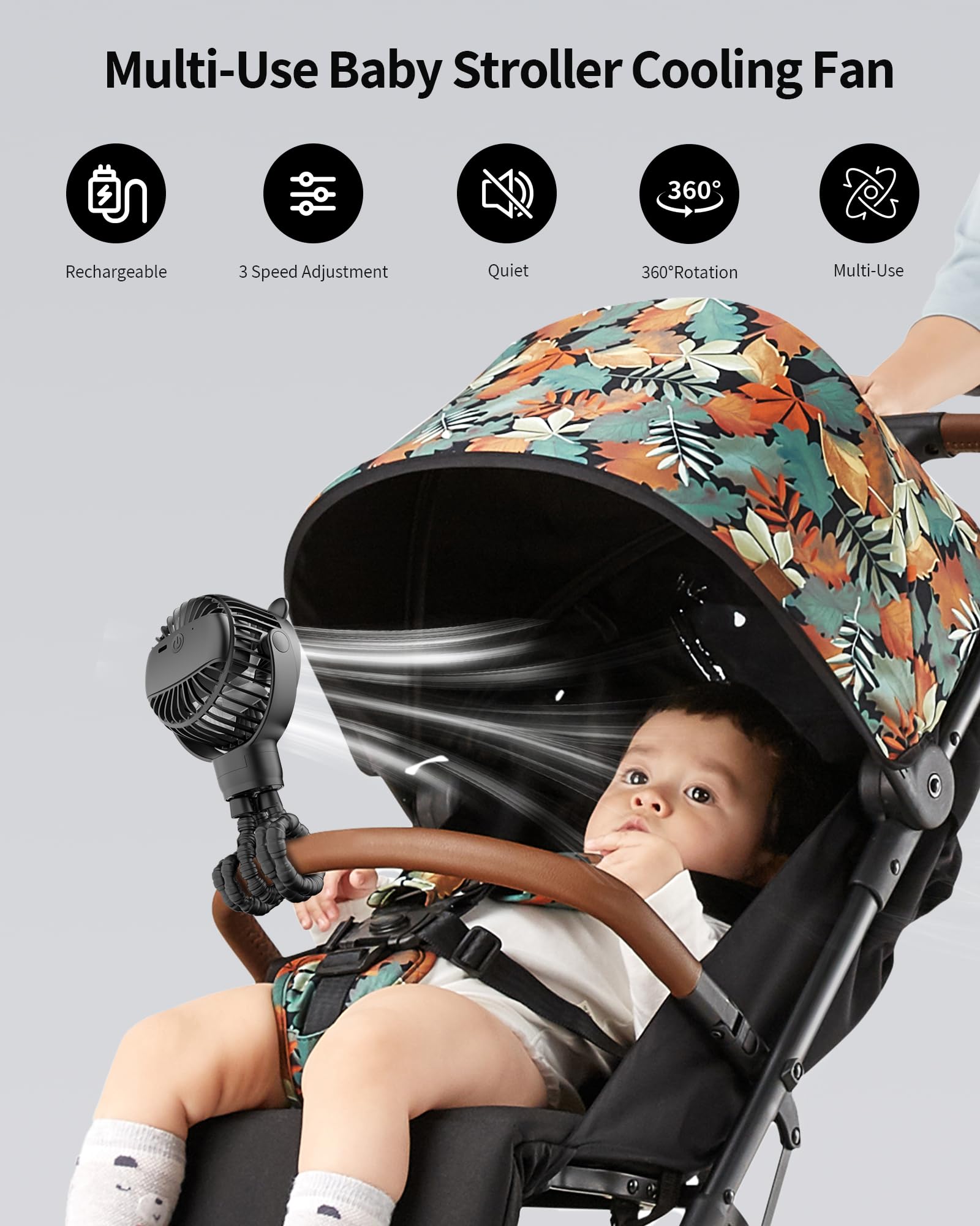 GOTOTO Baby Stroller Fan 360-degree rotation provides airflow from every angle.