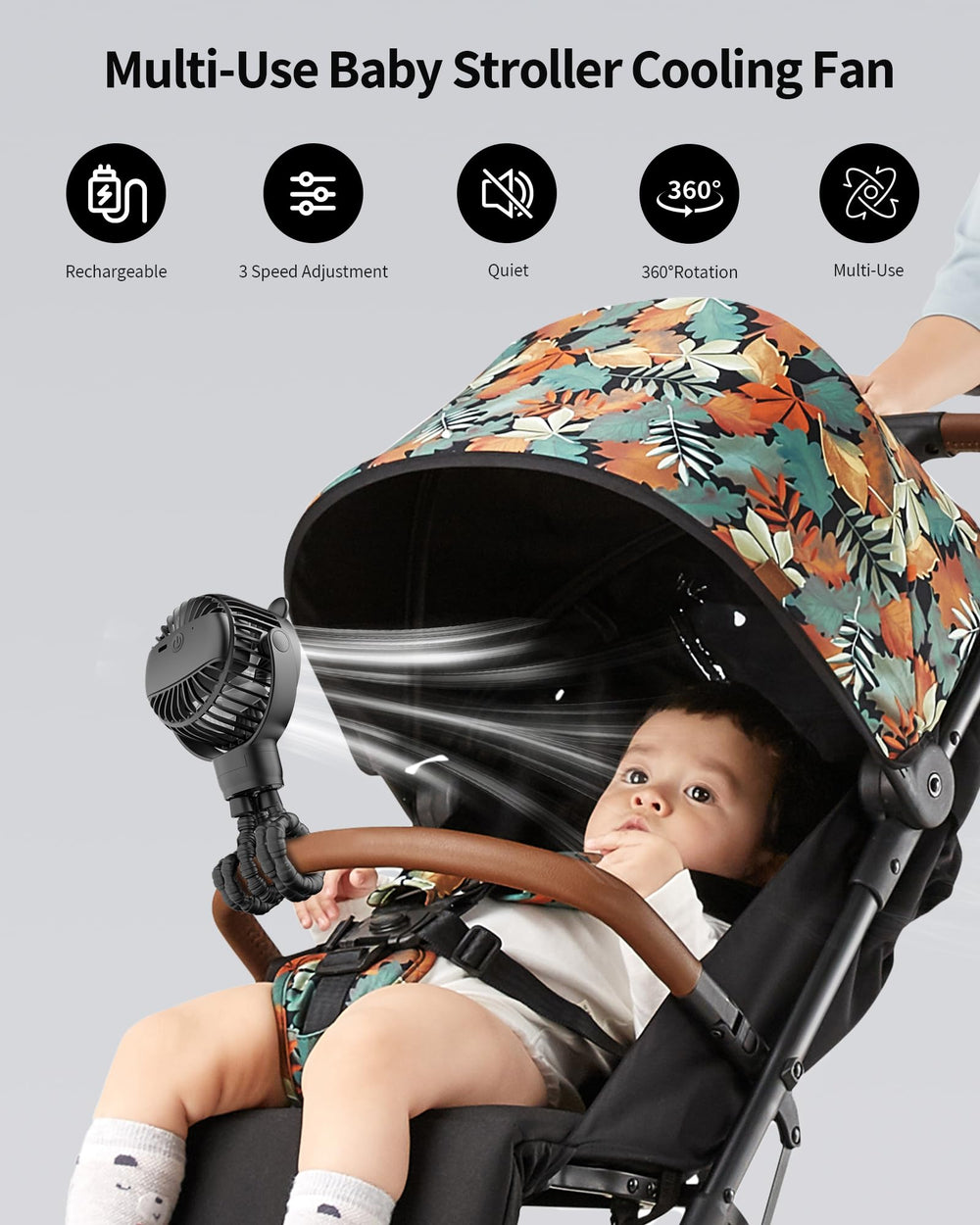 GOTOTO Baby Stroller Fan 360-degree rotation provides airflow from every angle.