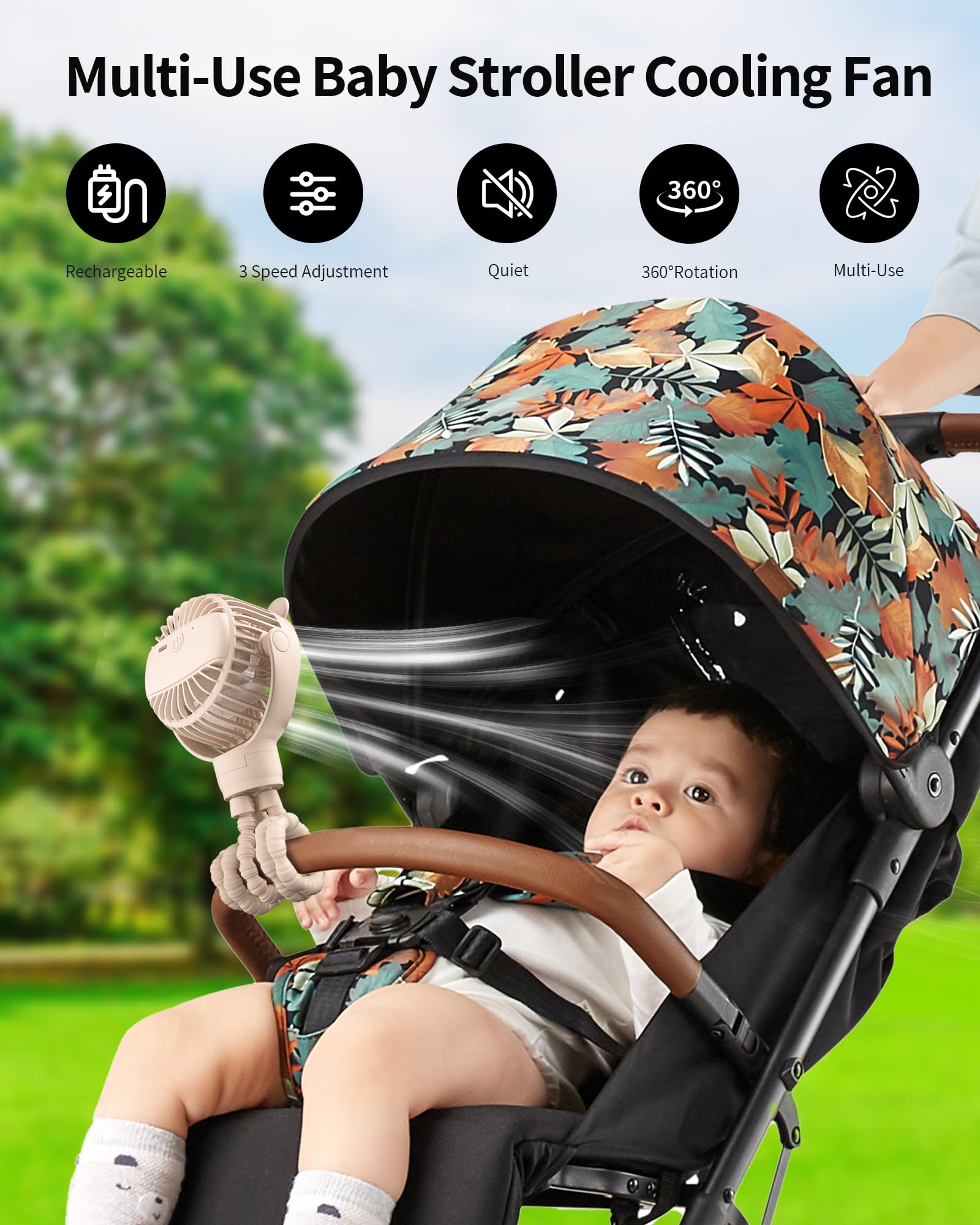 GOTOTO stroller fan 360-rotation delivers air from all angles during walks.