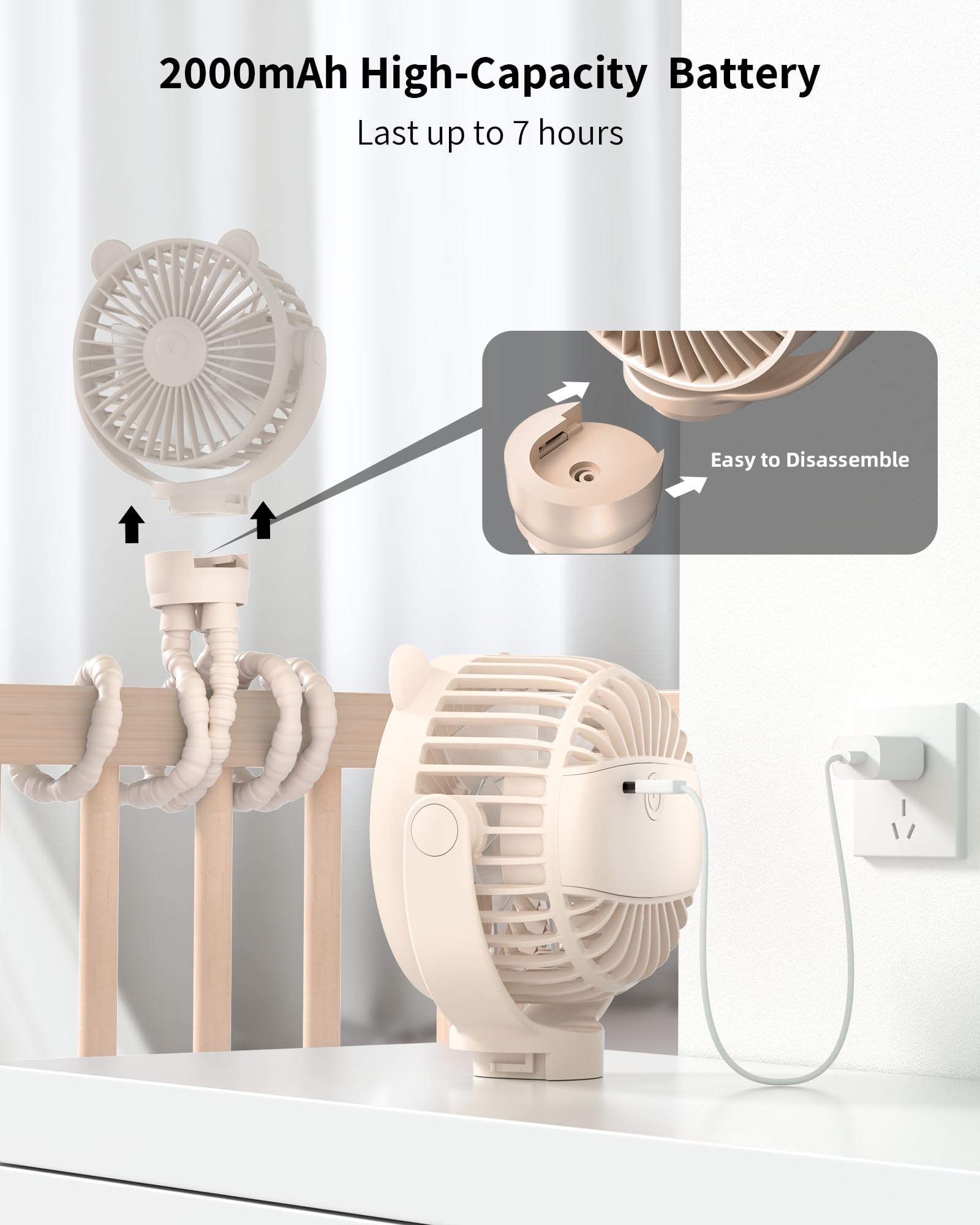GOTOTO Five-in-One stroller fan can be handheld, stand, wall-mounted.