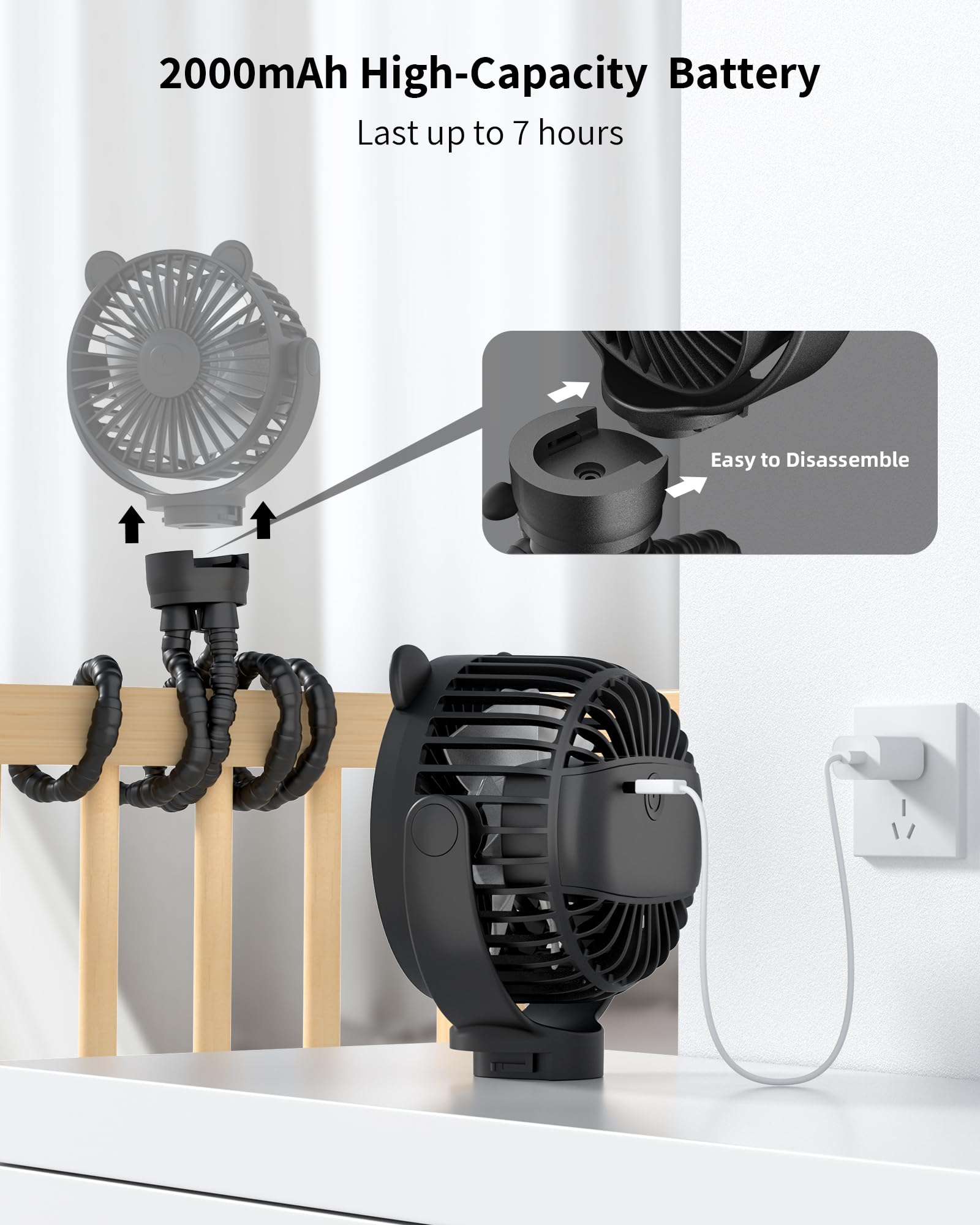 GOTOTO Five-in-One Baby Fan can be handheld, stand-alone, or wall-mounted.
