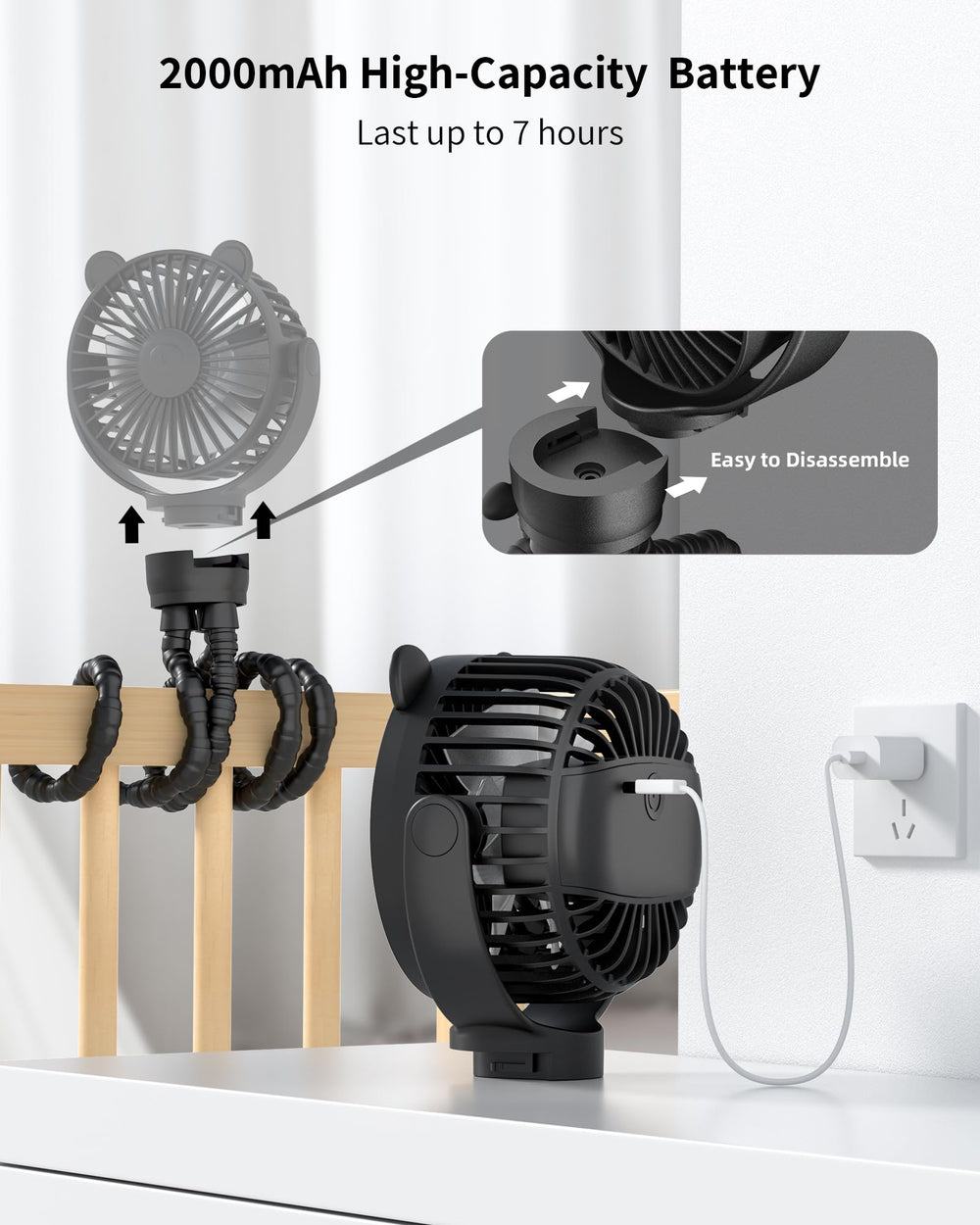 GOTOTO Five-in-One Baby Fan can be handheld, stand-alone, or wall-mounted.