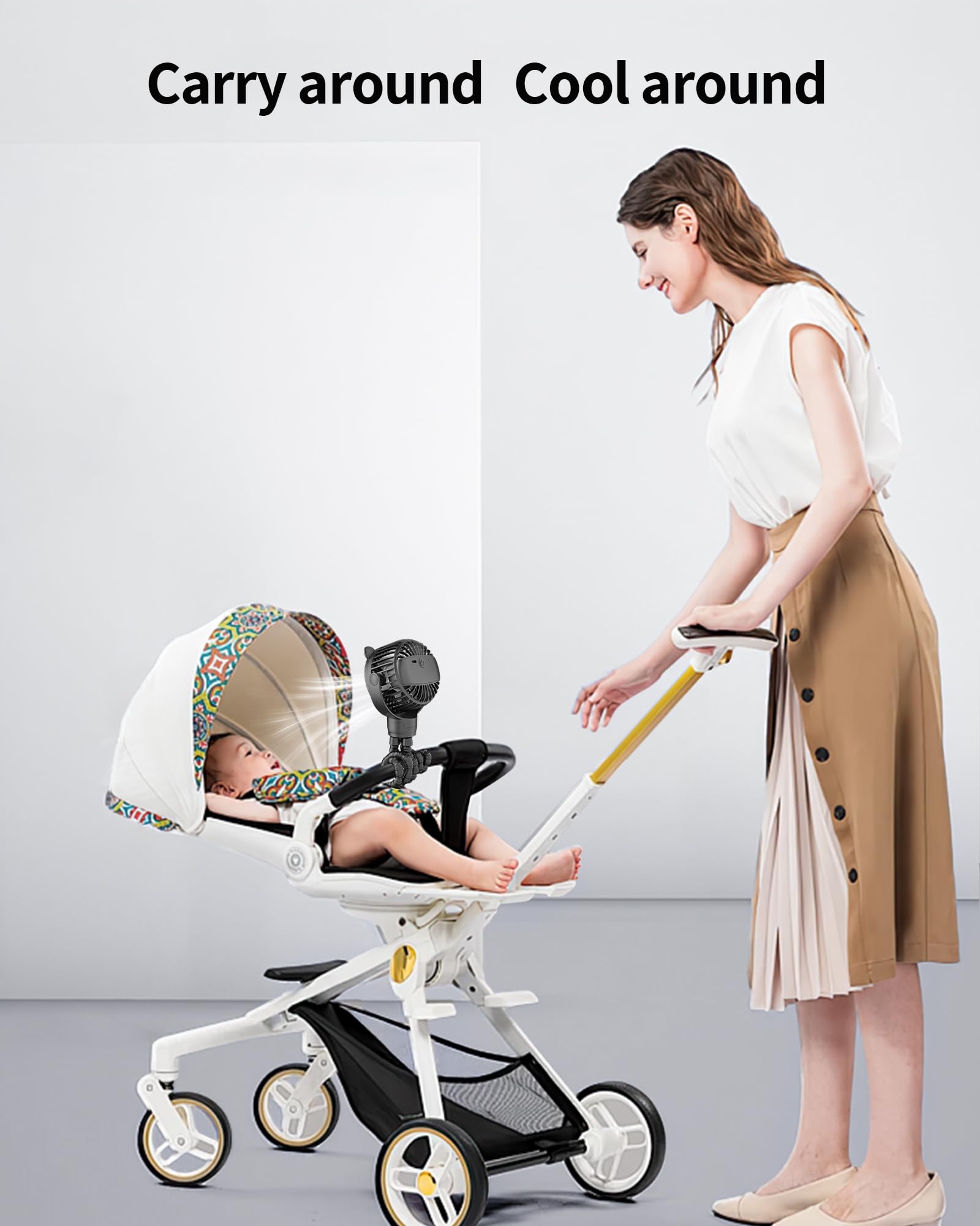 GOTOTO Portable use Baby Fan fits stroller bars for on-the-go cooling.