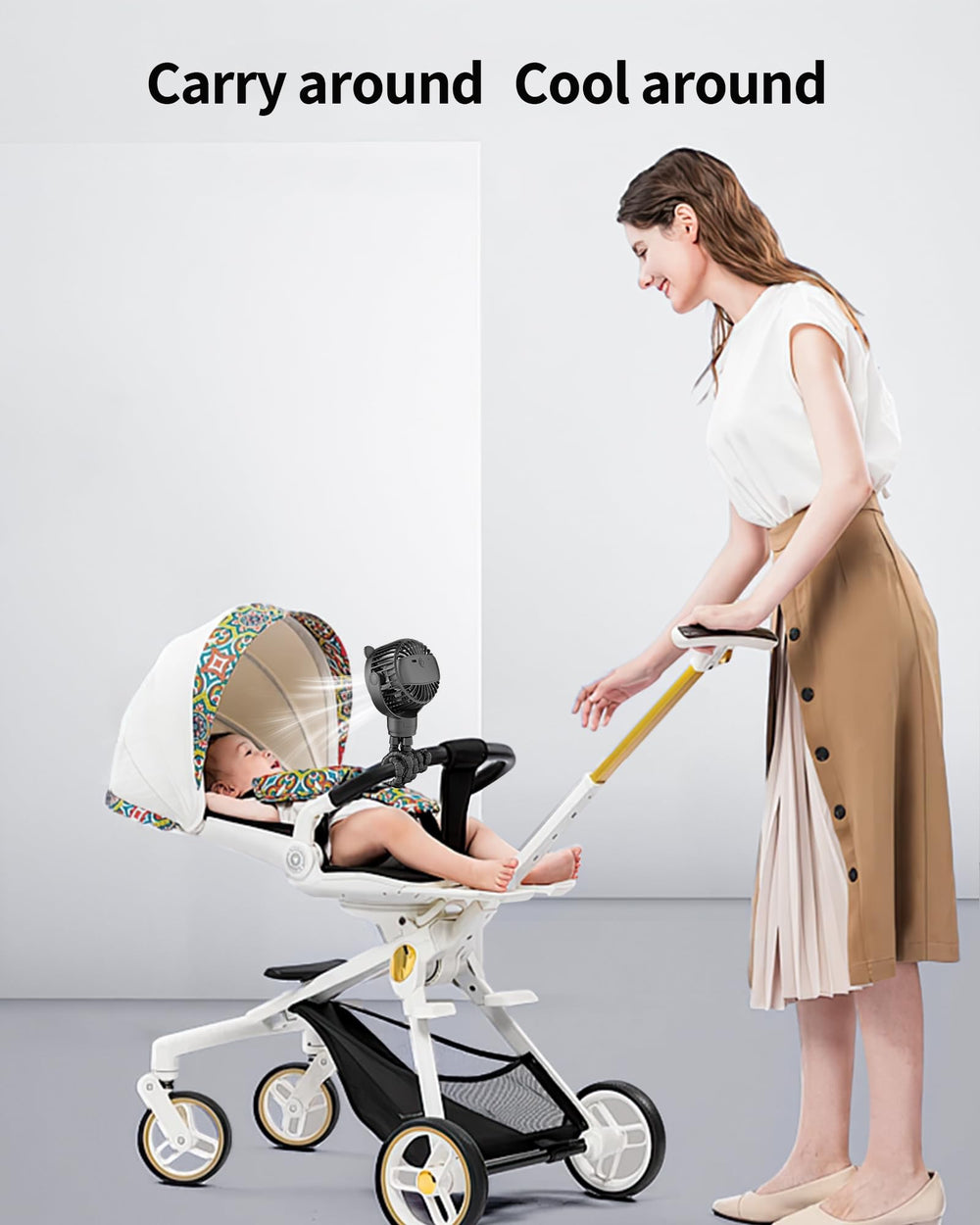 GOTOTO Portable use Baby Fan fits stroller bars for on-the-go cooling.