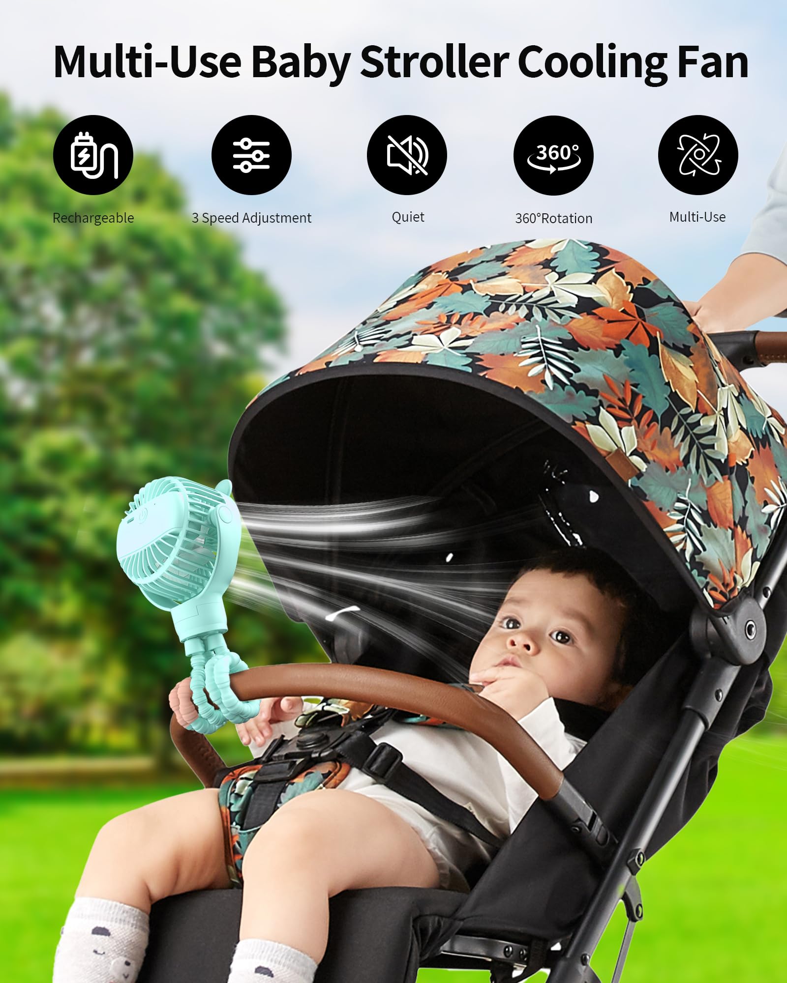 GOTOTO Baby Stroller Fan 360-degree rotation delivers breeze from every angle.