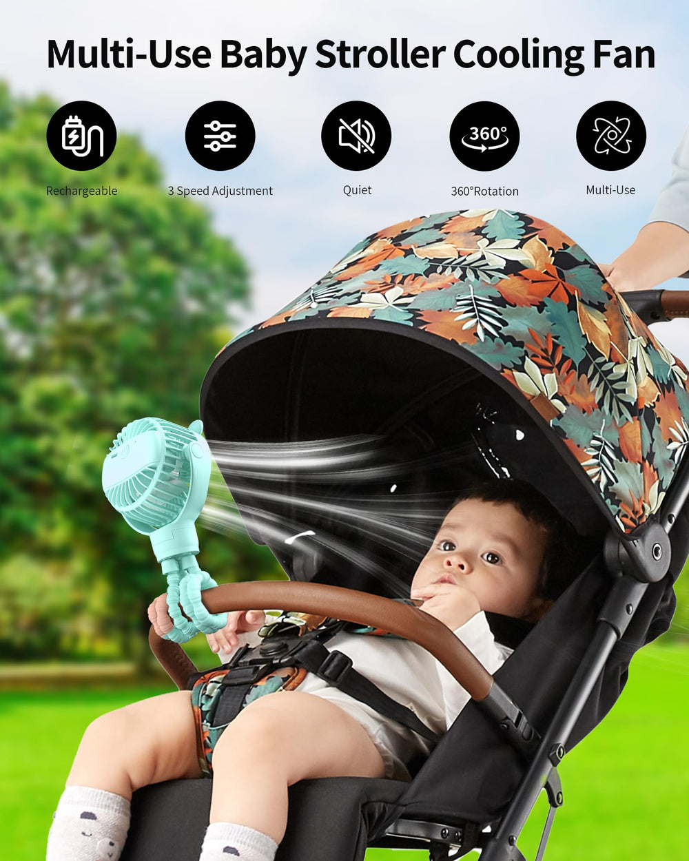 GOTOTO Baby Stroller Fan 360-degree rotation delivers breeze from every angle.