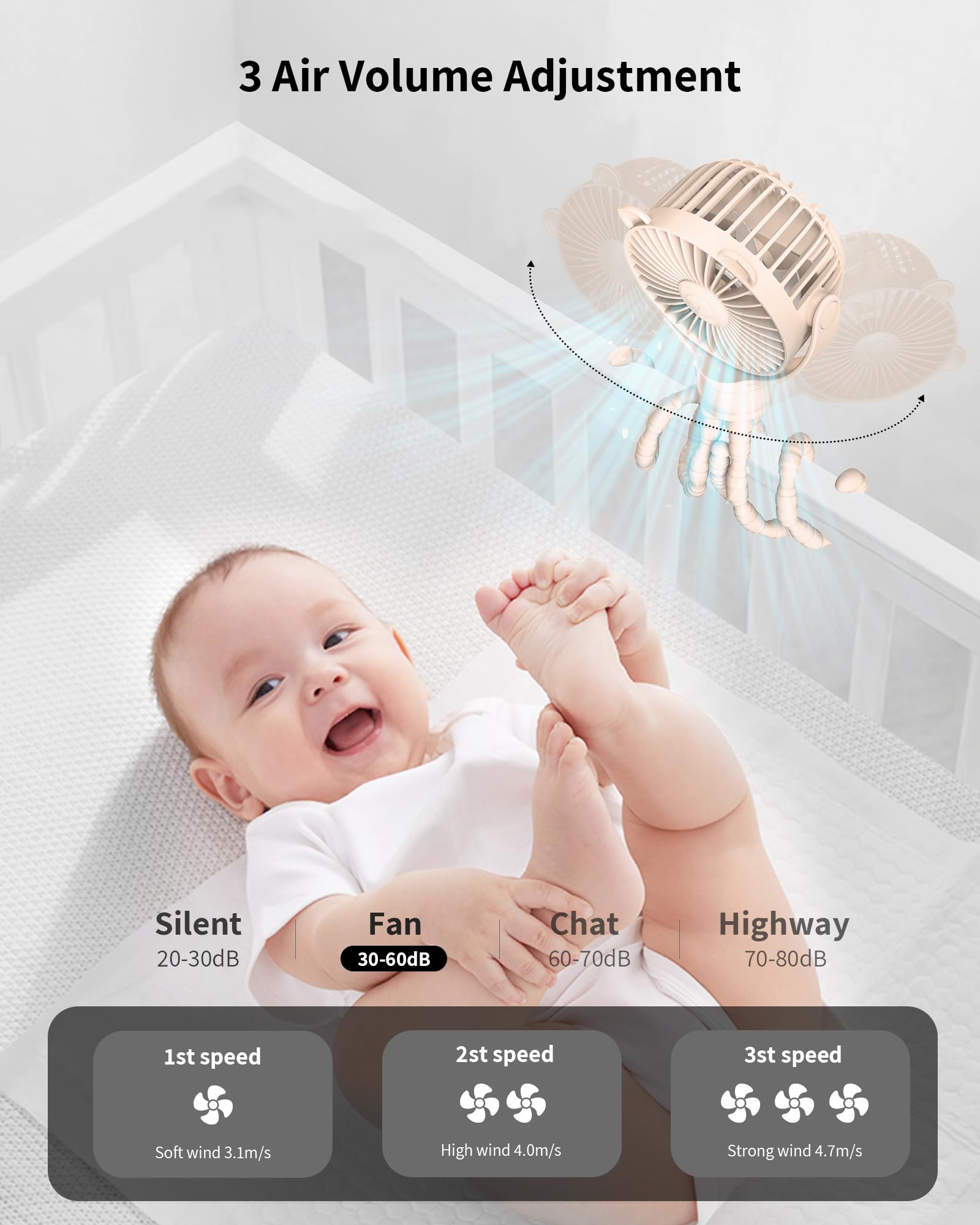 GOTOTO Baby Stroller Fan three speeds let you tailor airflow on-the-go.