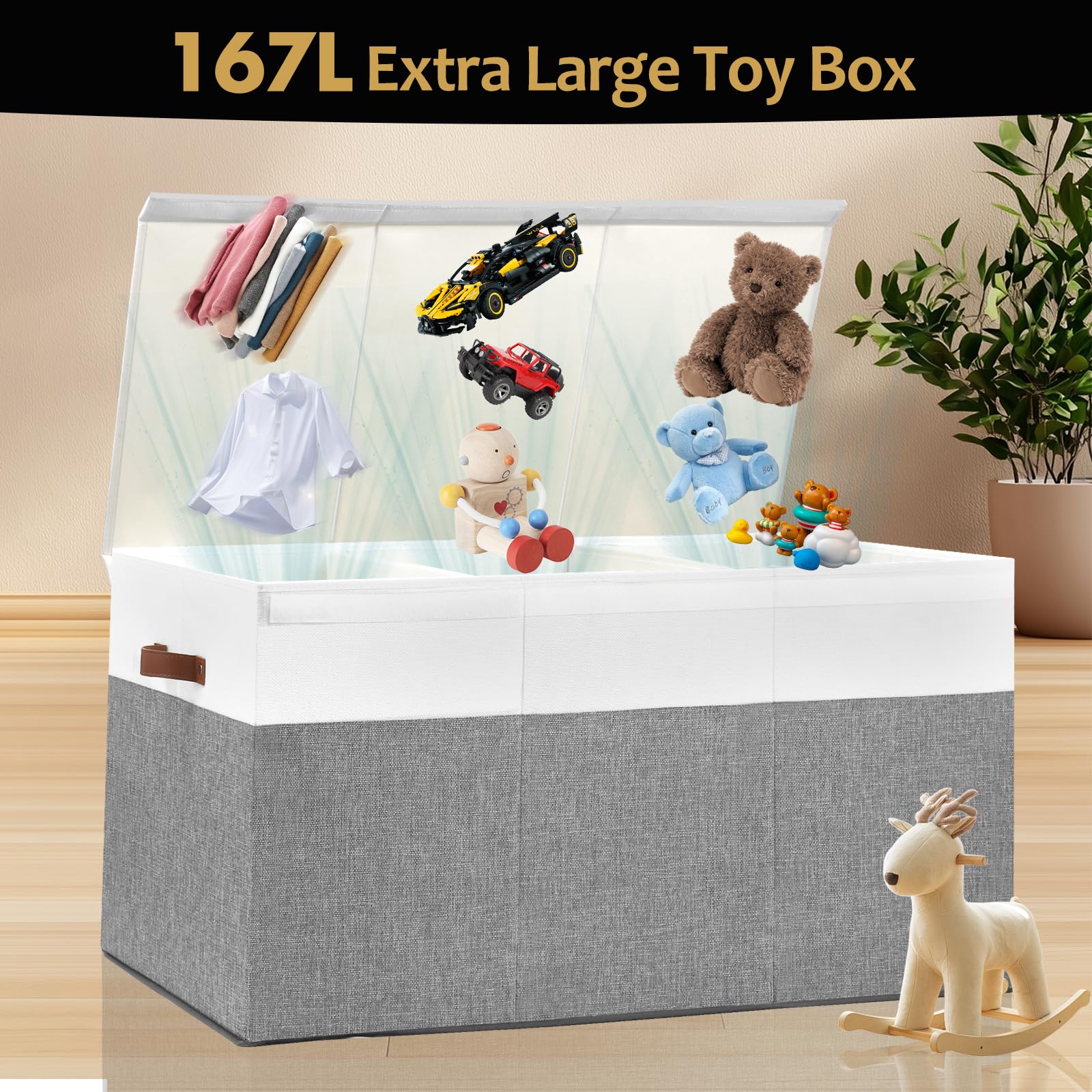 Gowee storage box with divider setup demonstrates removable divider for organized toy and clothing zones