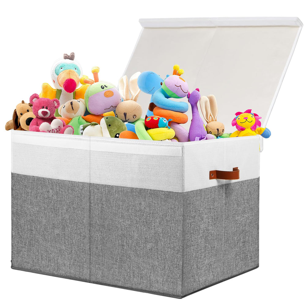 Gowee large toy storage box with lid in grey and white for clutter-free playroom.