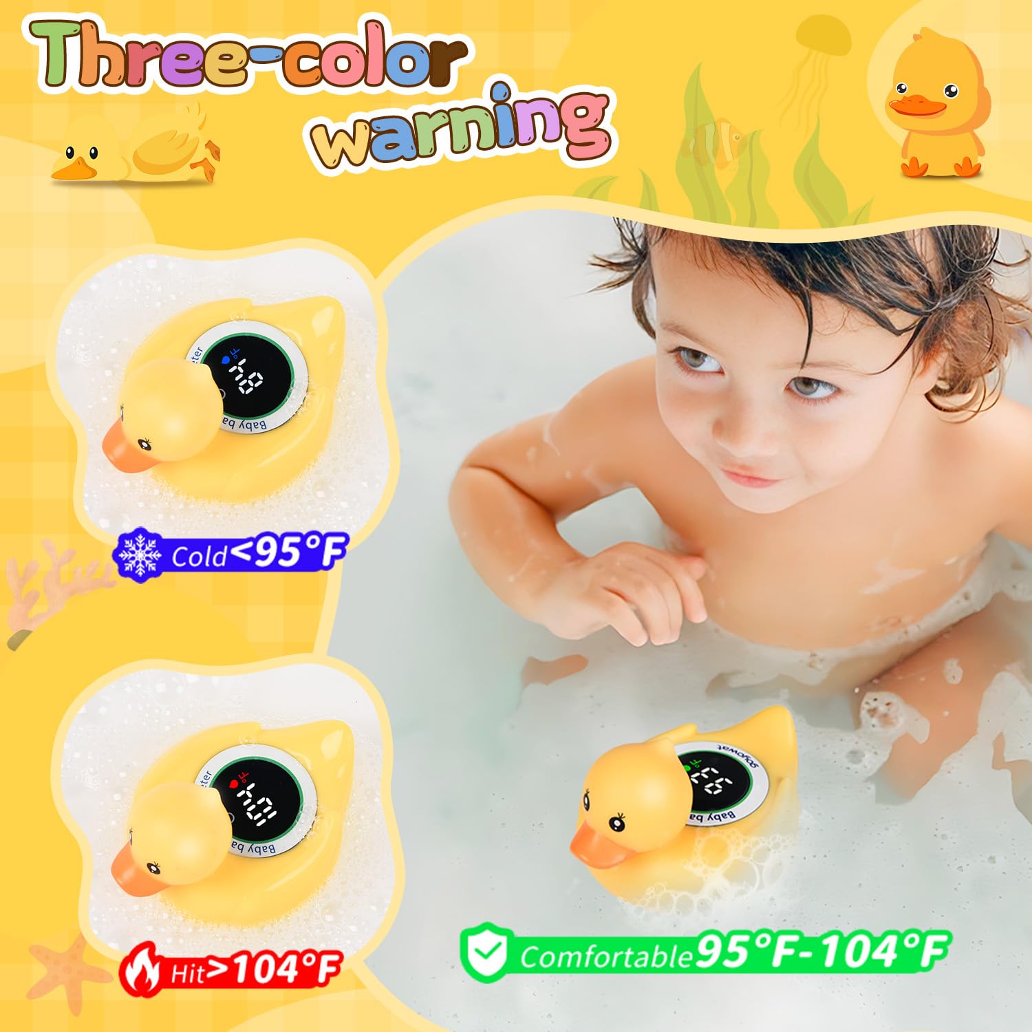 Goyowat floating duck bath toy engages baby while monitoring water temperature.