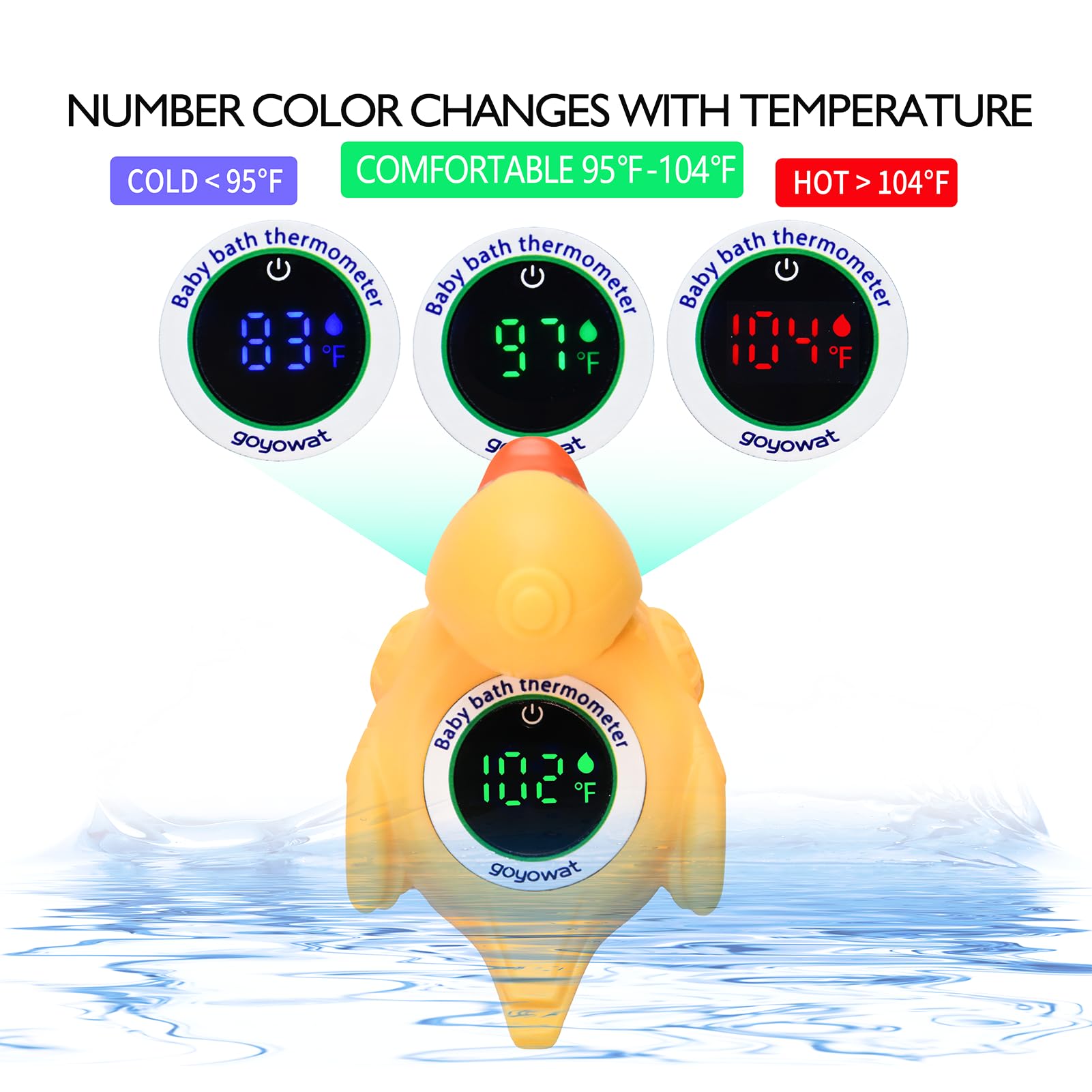 Goyowat floating duck toy provides a playful, engaging bath companion while monitoring temperature.