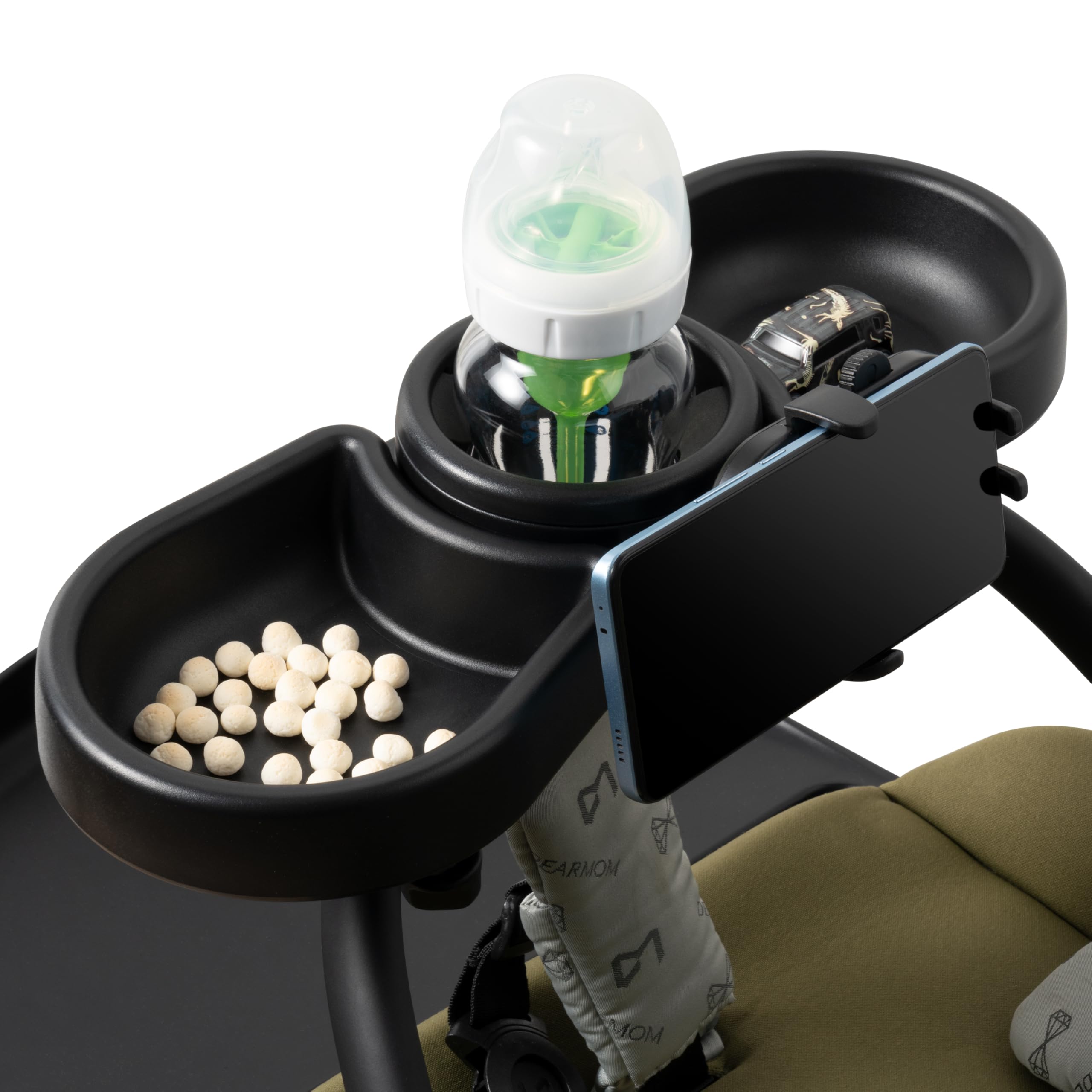 GQIRIL universal stroller snack tray on stroller enables quick snacking on the go.