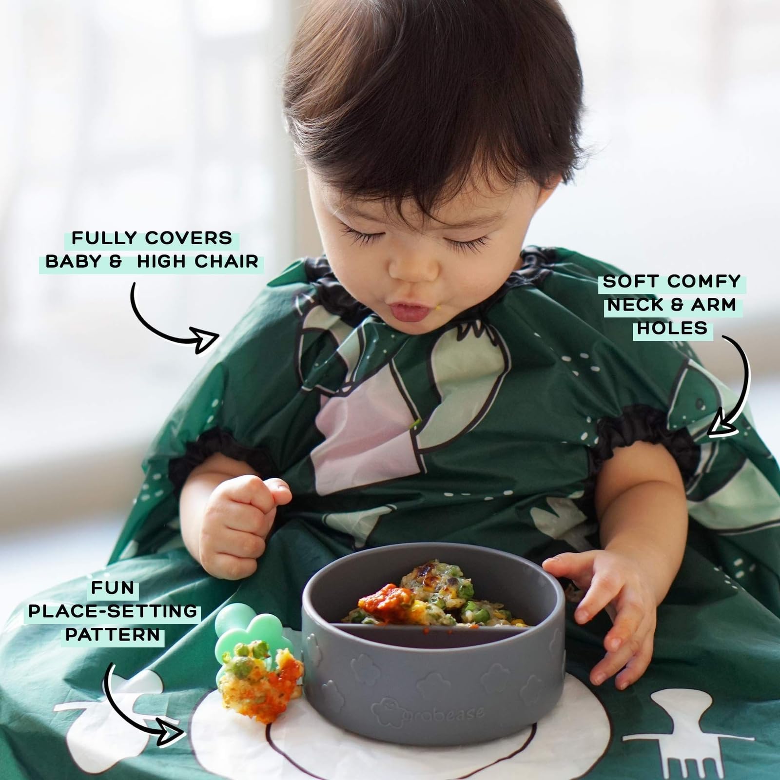 Grabease Allover Waterproof Bib Forest Green with soft-skin touch for comfortable self-feeding