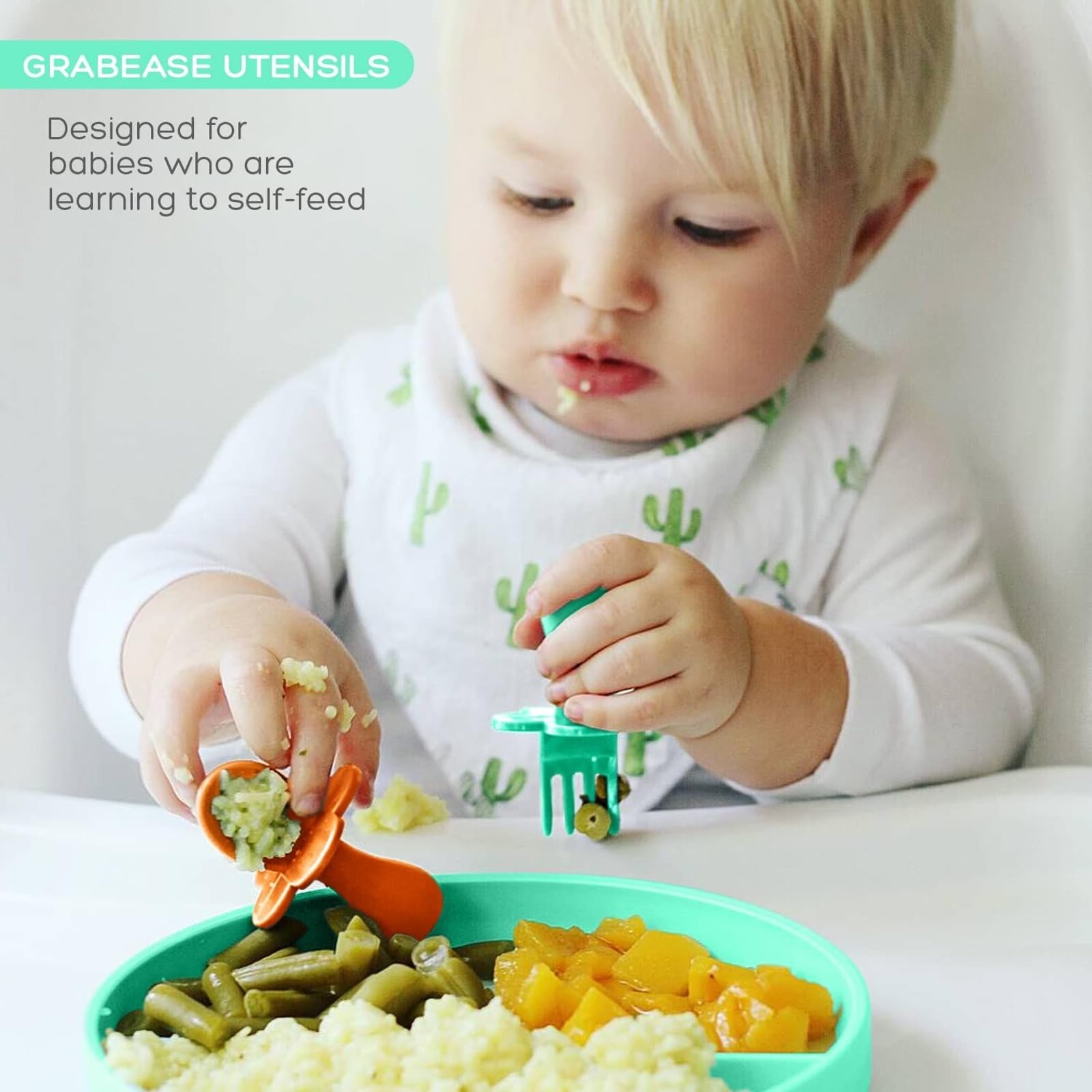 Grabease baby fork orange view emphasizes safe, independent eating with choke protection design.