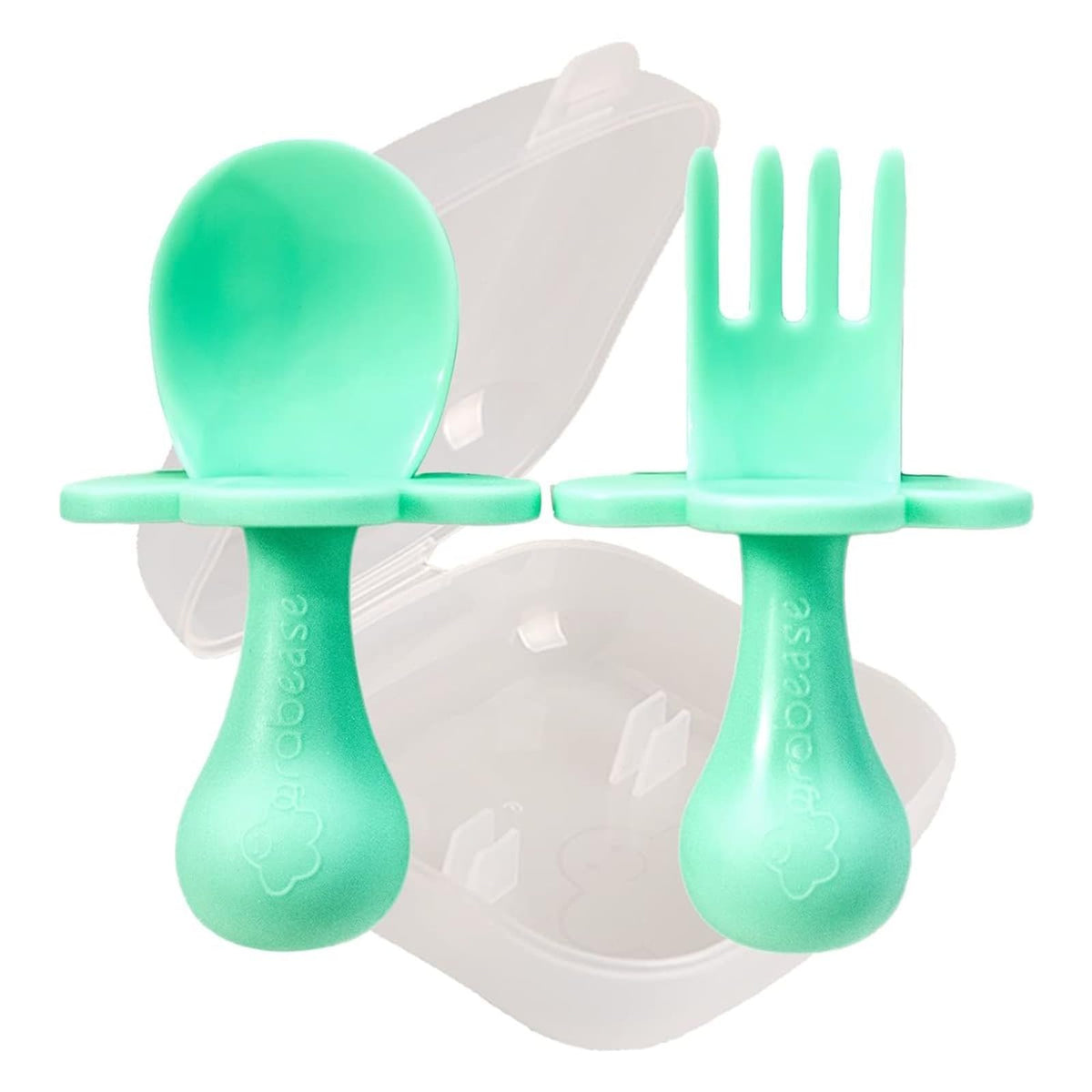 Grabease mint baby silverware set ready for self-feeding practice and motor skill development.