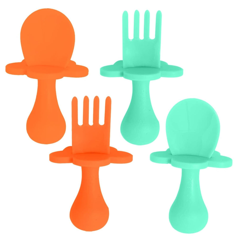 Grabease baby utensils set mint-orange packaging shown, supports self-feeding for tiny hands.