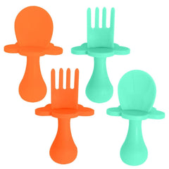 Grabease baby utensils set mint-orange packaging shown, supports self-feeding for tiny hands.