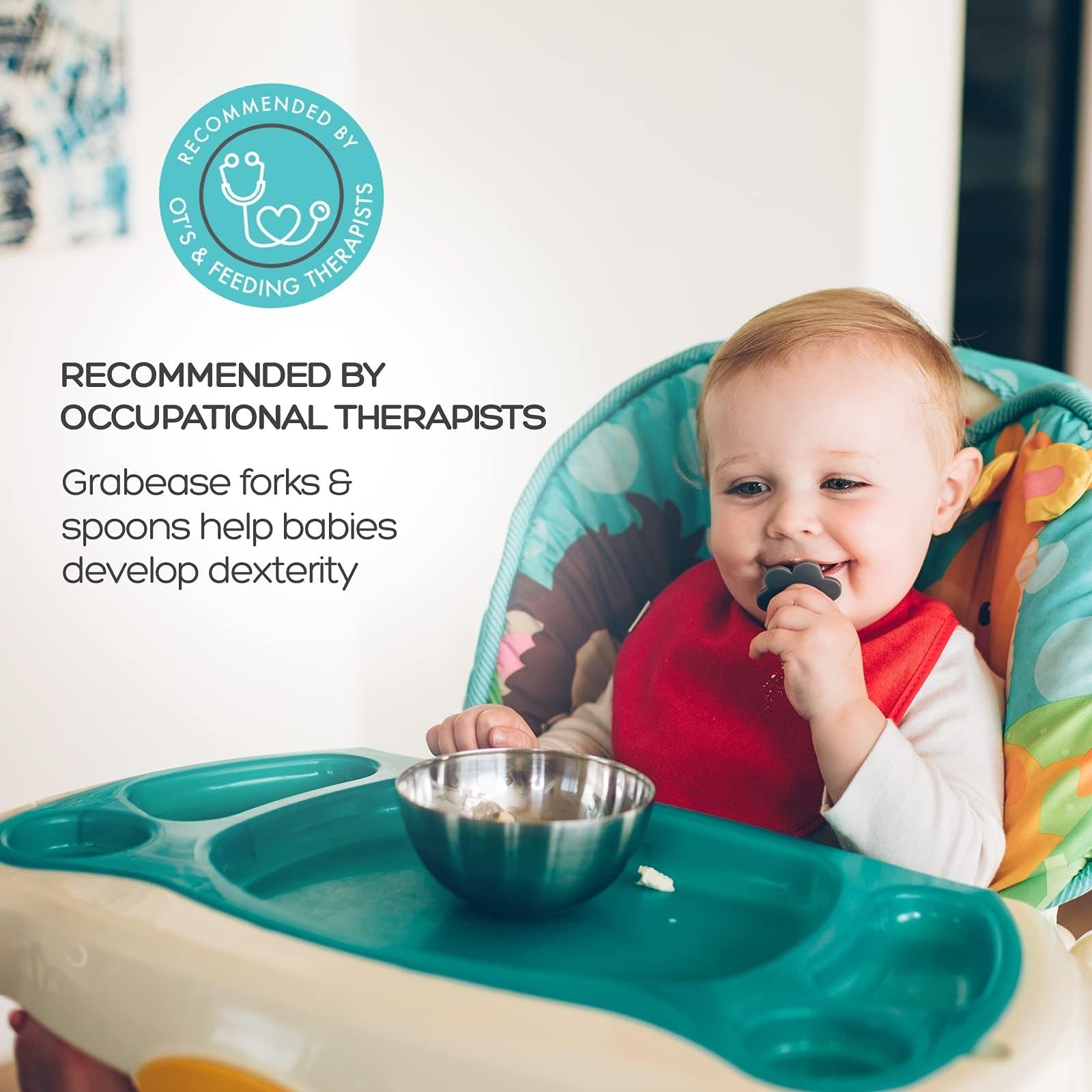 Grabease ergonomic mealtime grip promotes confident self-feeding in toddlers.
