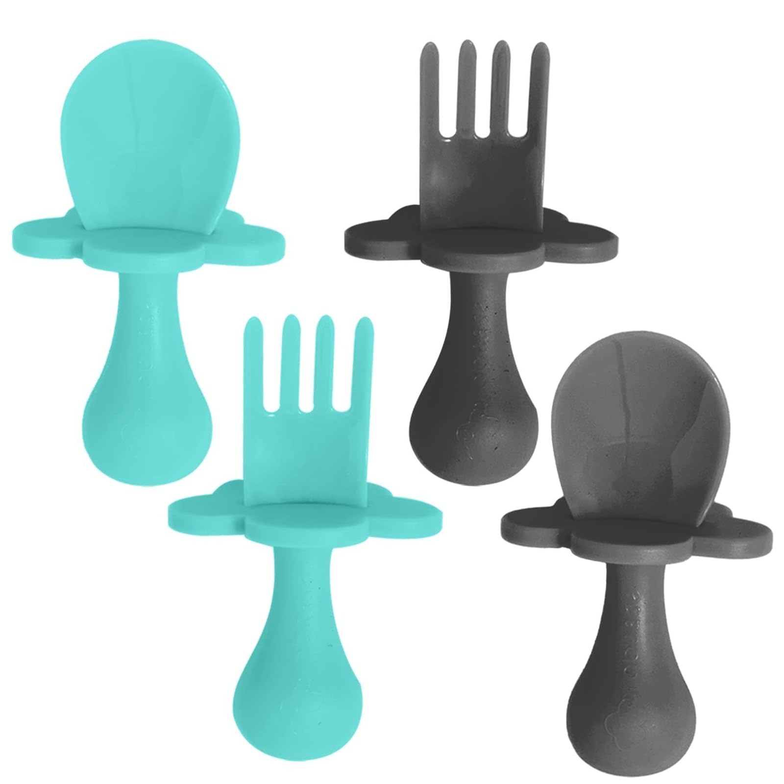 Grabease silicone baby spoon and fork teal-gray set supports independent self-feeding.