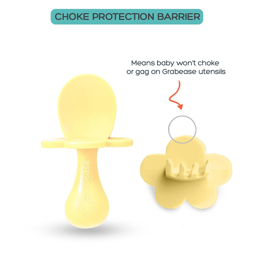 Grabease utensils set yellow, complete self-feeding kit for early solids with BPA-free plastic.