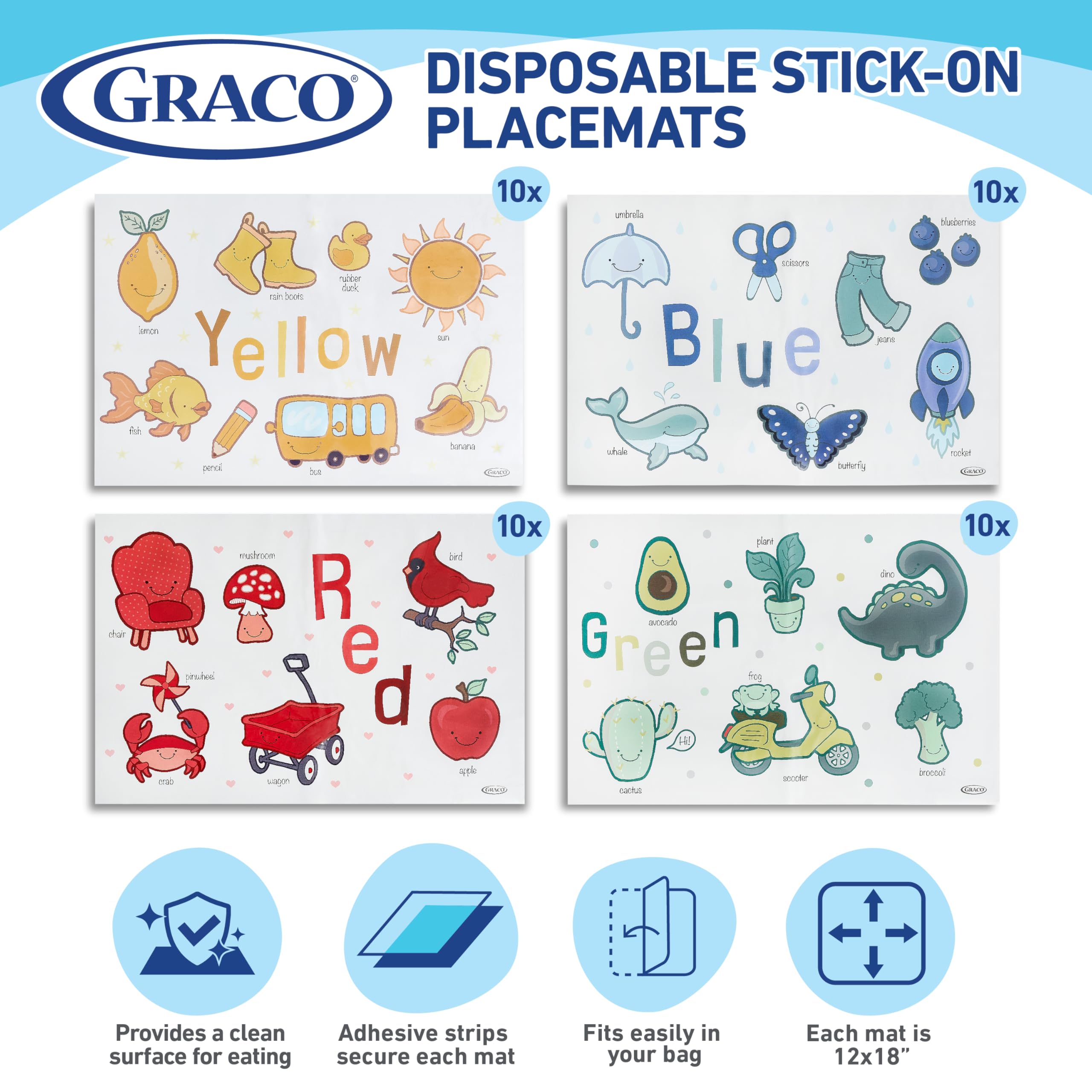 Graco placemats feature adhesive back to prevent slips during meals.