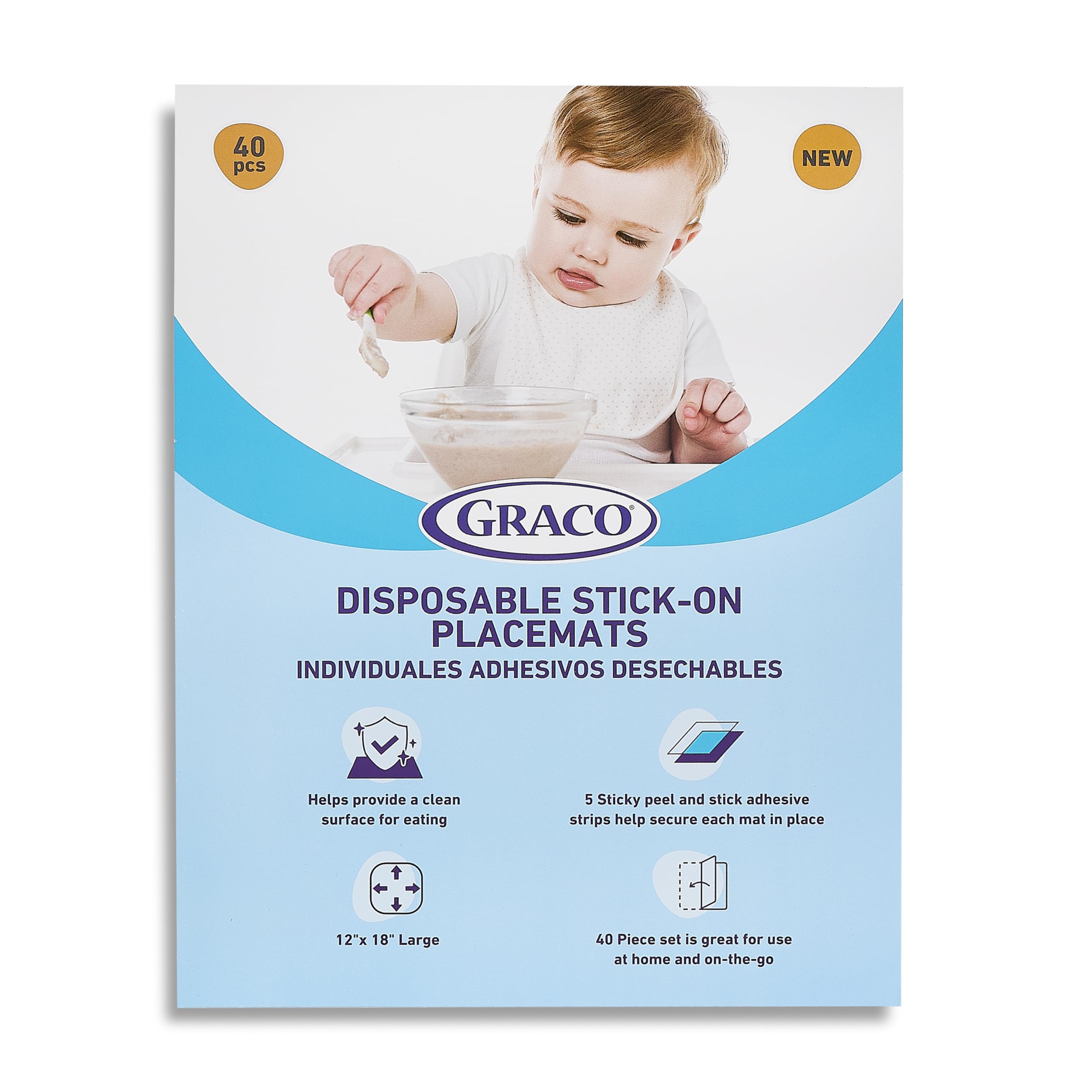 Graco placemats ideal for home, travel, or restaurant dining scenarios.