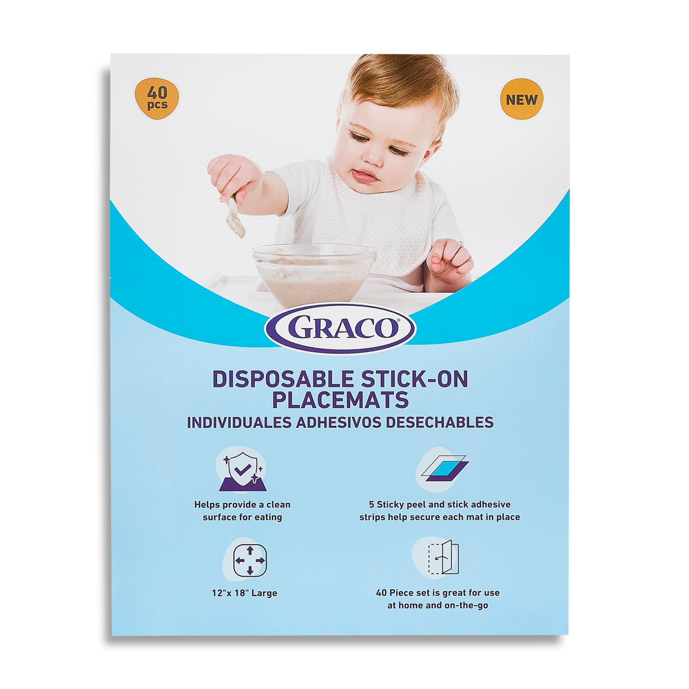 Graco placemats ideal for home, travel, or restaurant dining scenarios.