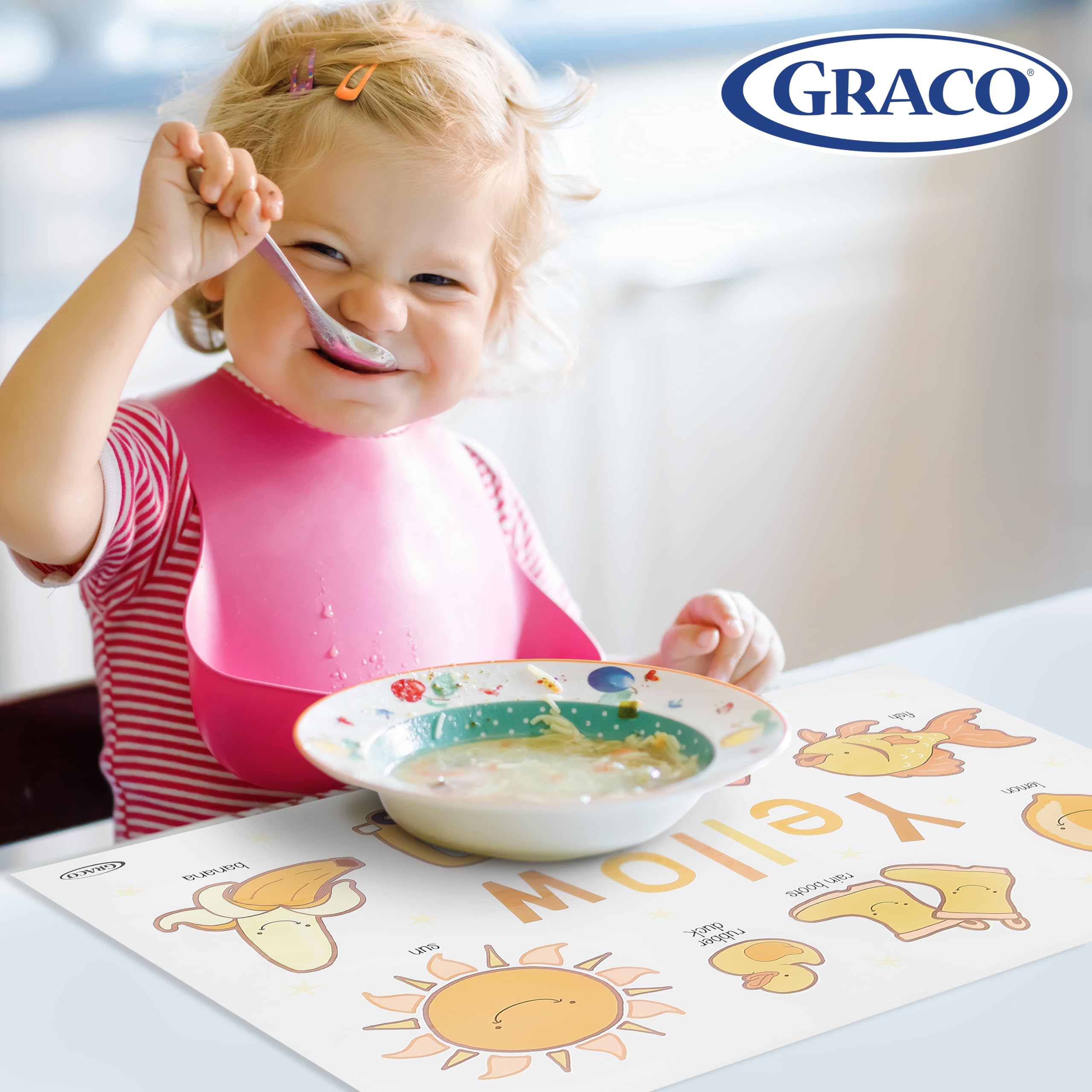 Graco placemats stay put with strong adhesive, reducing messes during meals.