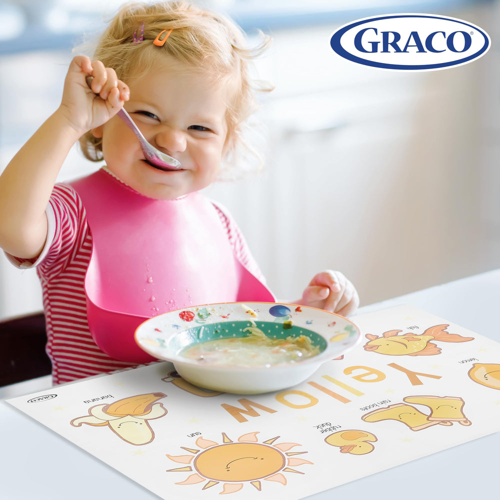 Graco placemats stay put with strong adhesive, reducing messes during meals.