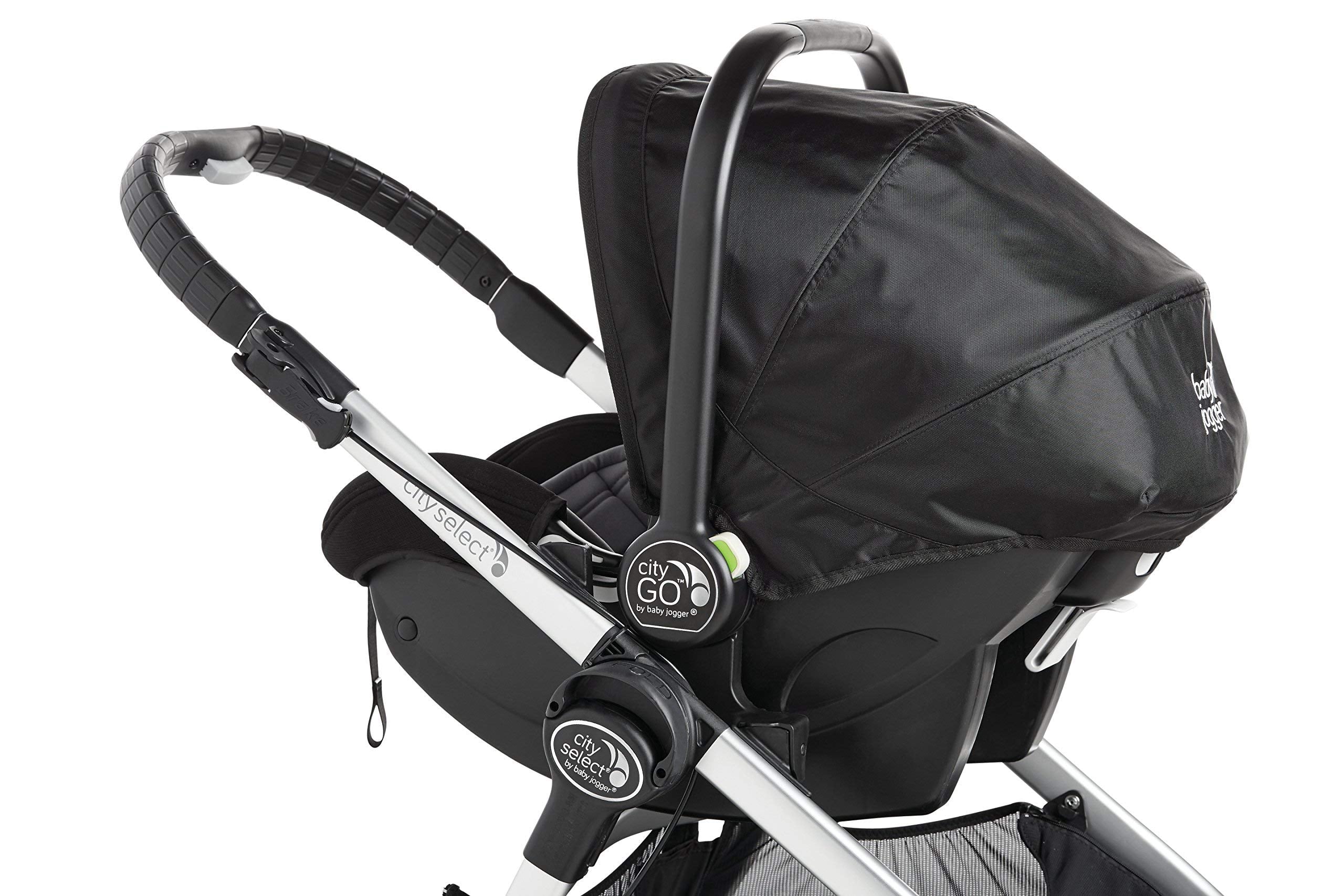 Graco infant seat mounted via Baby Jogger adapter demonstrates portable travel system.