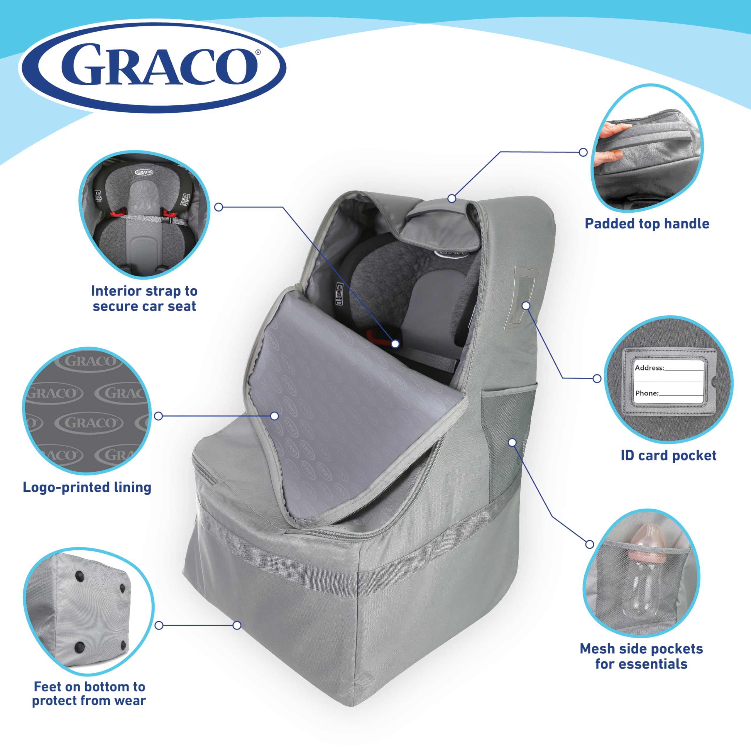 Graco bag bottom feet guard against wear on airport floors and luggage belts.