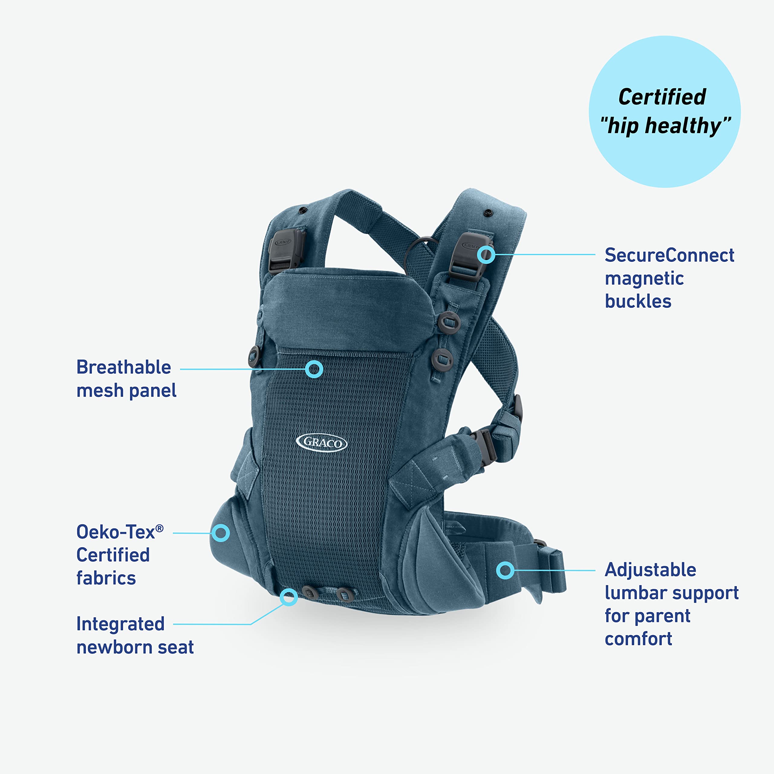 Graco Cradle Me Lite adjustable straps and lumbar support for comfort.