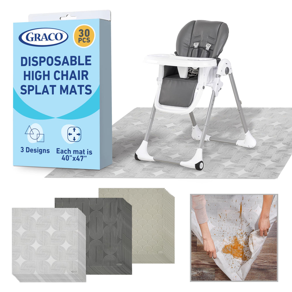Graco disposable splat mats folded compact for on-the-go protection.