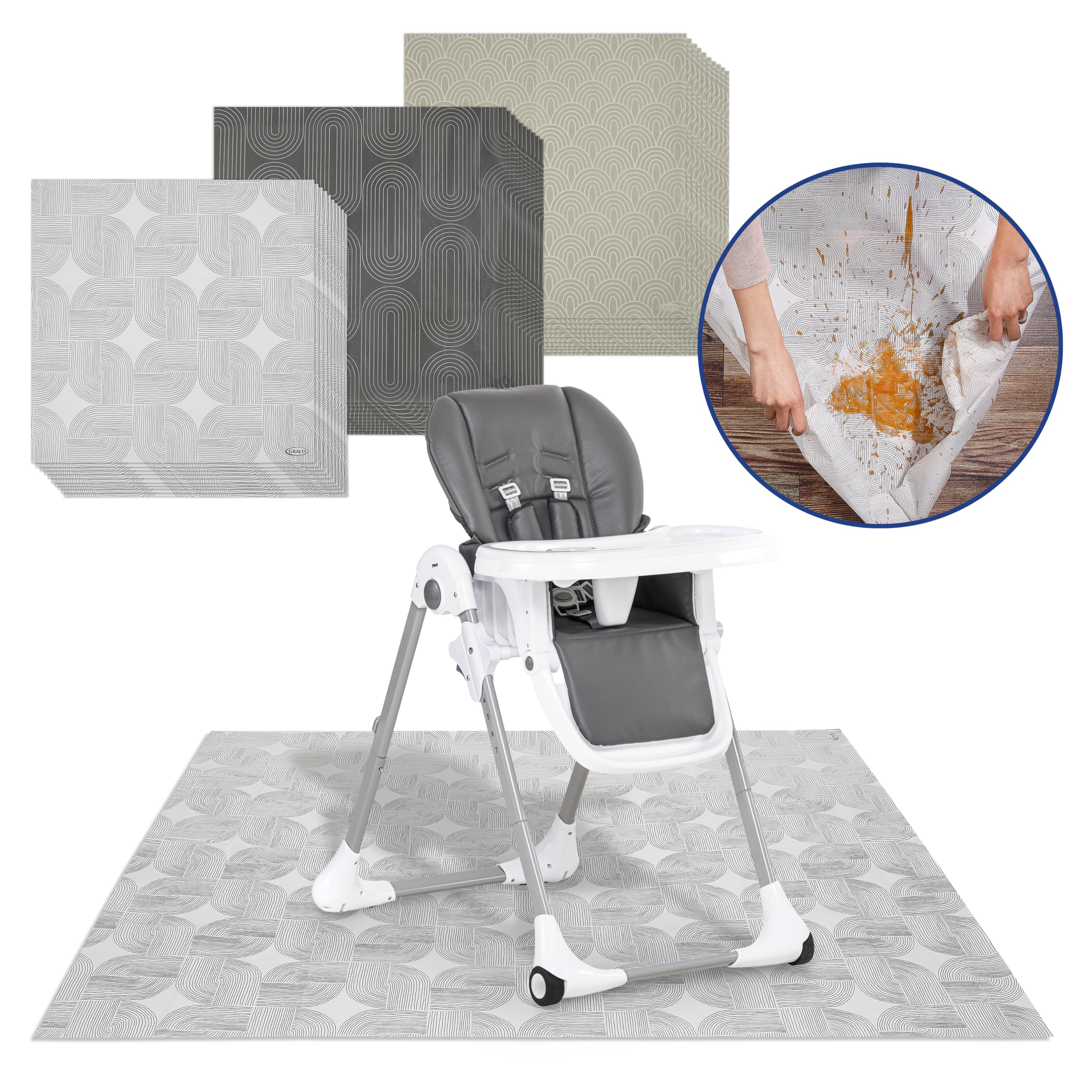 Graco disposable splat mats full-coverage highchair design protects front and back.