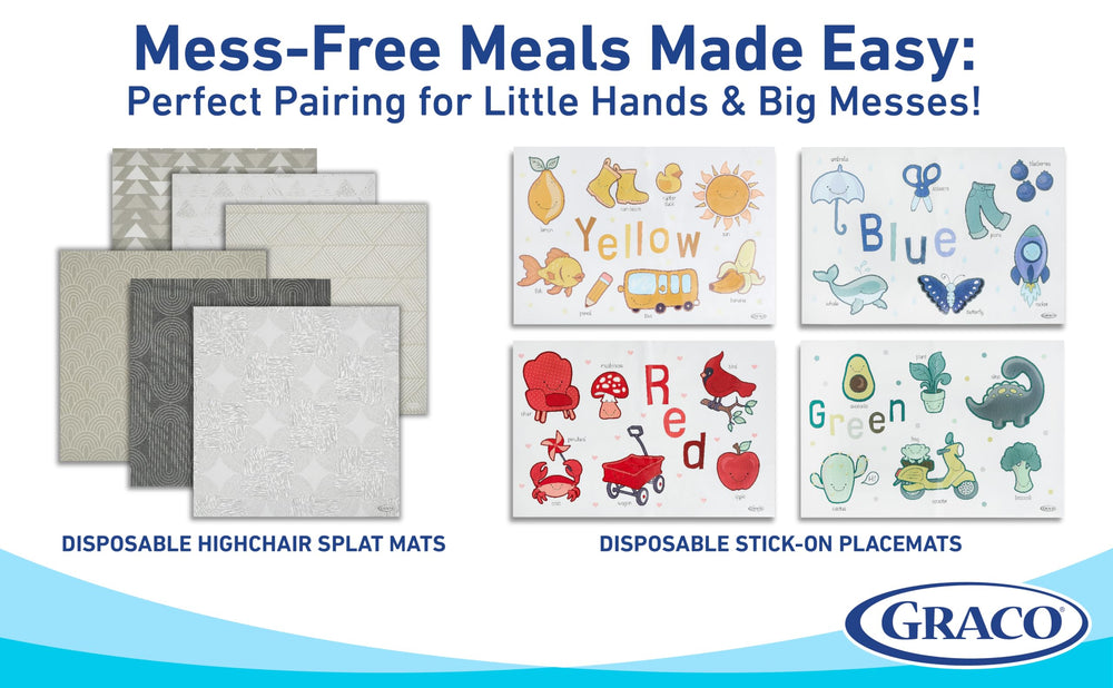 Graco splat mats protect floors during mealtime messes.