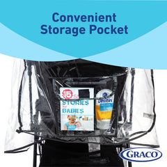 Graco rain cover folds into a compact storage bag for easy on-the-go use.
