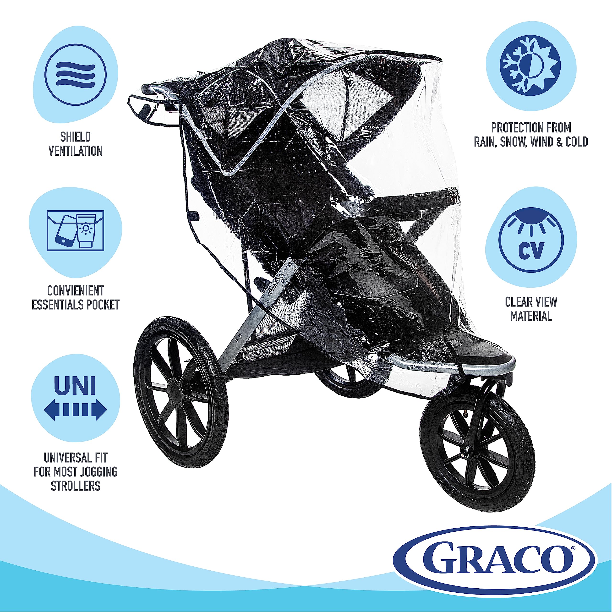 Graco rain cover unpacked and installed quickly keeps baby sheltered in seconds.