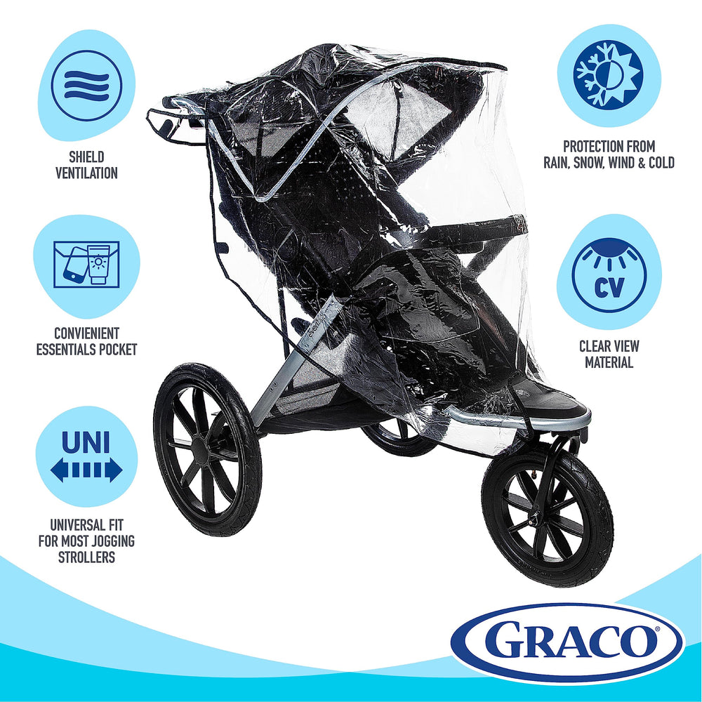 Graco rain cover unpacked and installed quickly keeps baby sheltered in seconds.