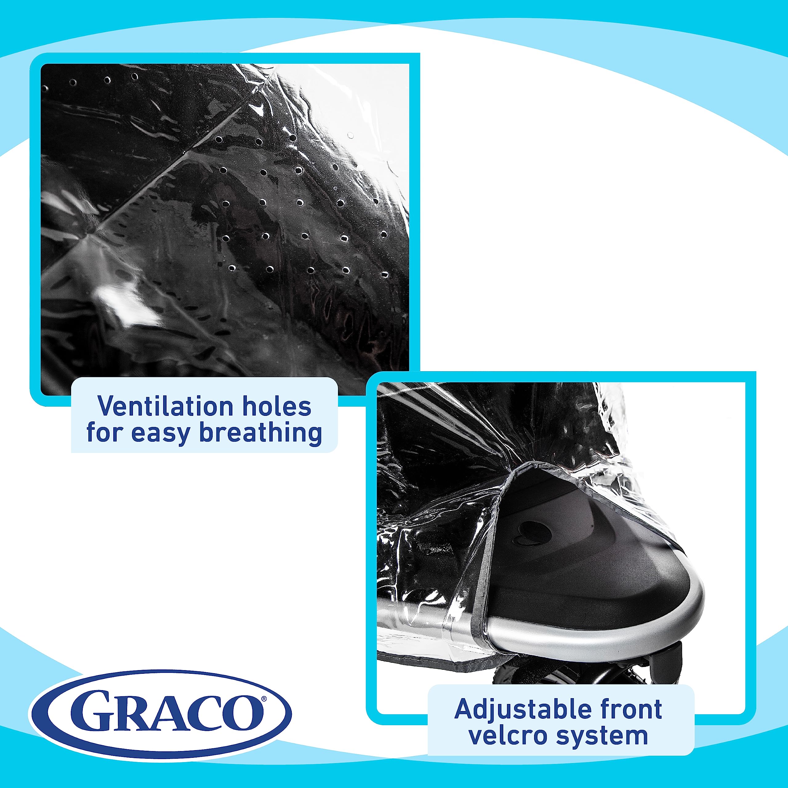 Graco rain cover ventilation with side netting ensures airflow during outings.