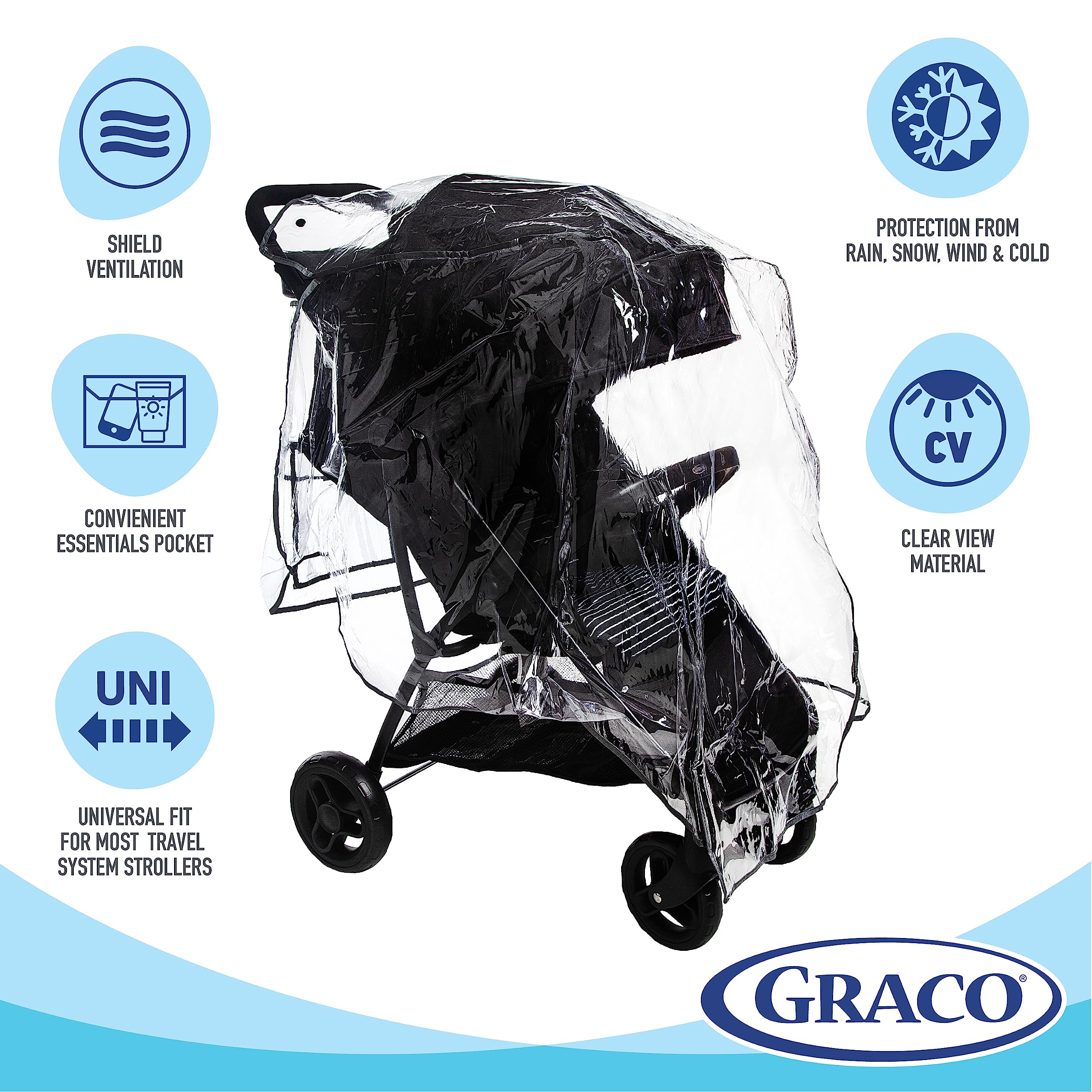 Graco universal-fit stroller rain cover provides reliable weather protection on most travel systems.