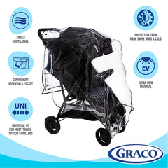 Graco universal-fit stroller rain cover provides reliable weather protection on most travel systems.