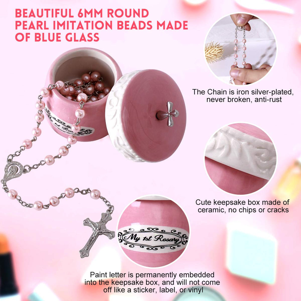 Grandeco baptism gift idea pink rosary highlighting christening use